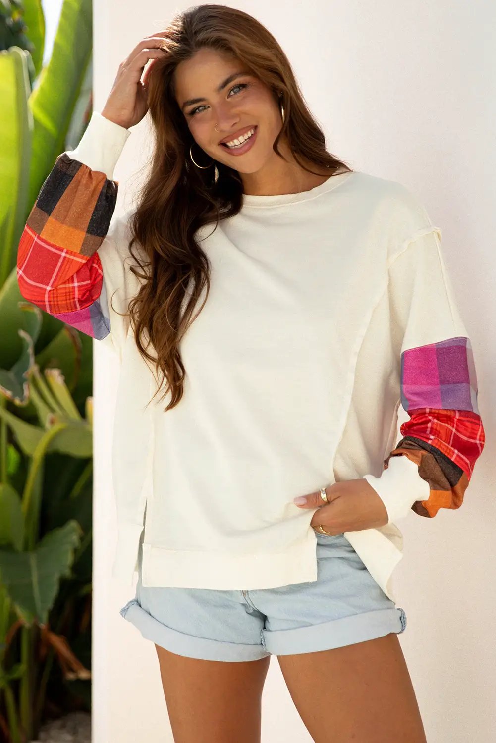 Grateful Threads Boutique Beige Contrast Plaid Long Sleeve Exposed Seam Patchwork Top - Shirts Beige Contrast Plaid Long Sleeve Exposed Seam Patchwork Top