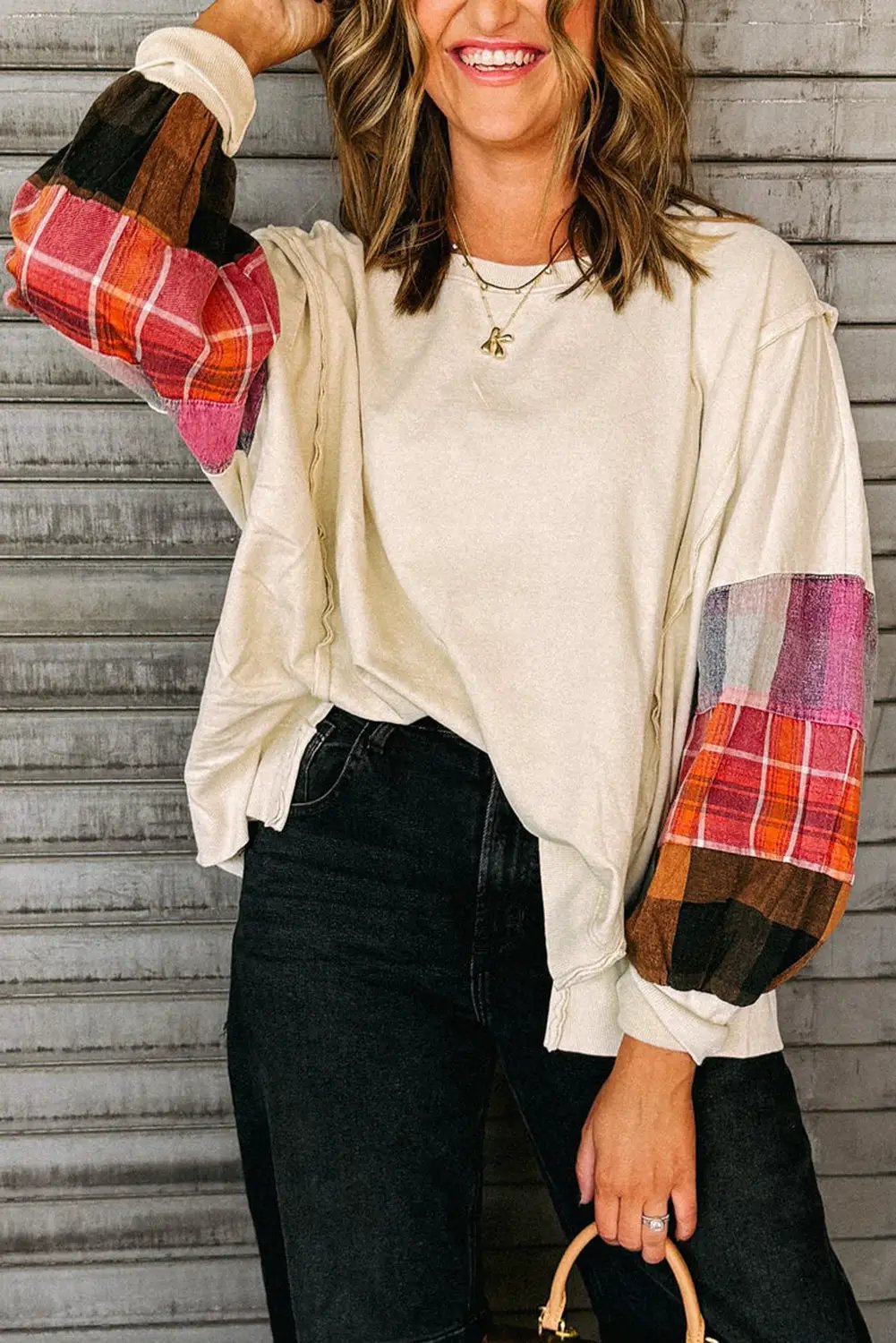 Grateful Threads Boutique Beige Contrast Plaid Long Sleeve Exposed Seam Patchwork Top - Shirts Beige Contrast Plaid Long Sleeve Exposed Seam Patchwork Top