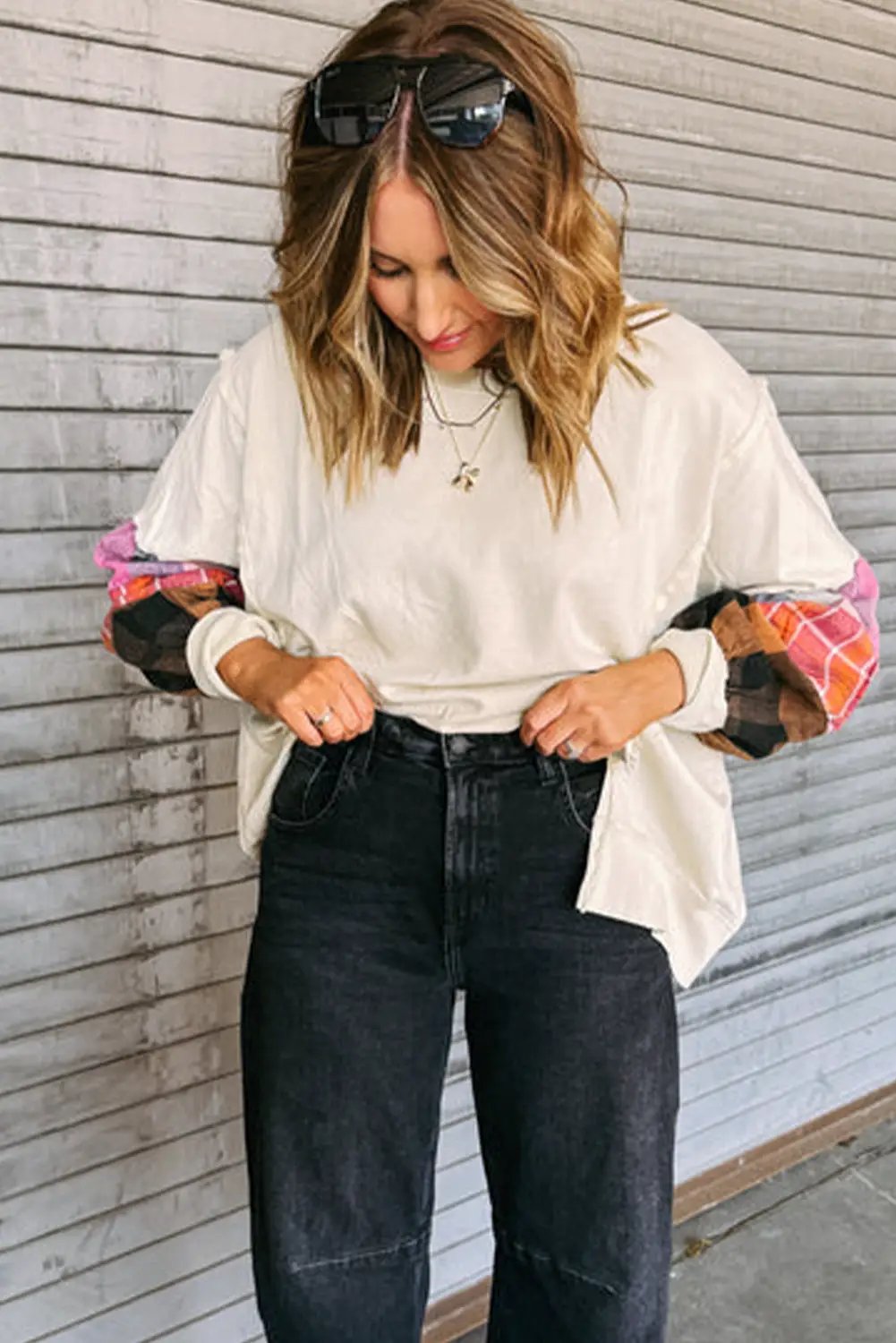 Grateful Threads Boutique Beige Contrast Plaid Long Sleeve Exposed Seam Patchwork Top - Shirts Beige Contrast Plaid Long Sleeve Exposed Seam Patchwork Top