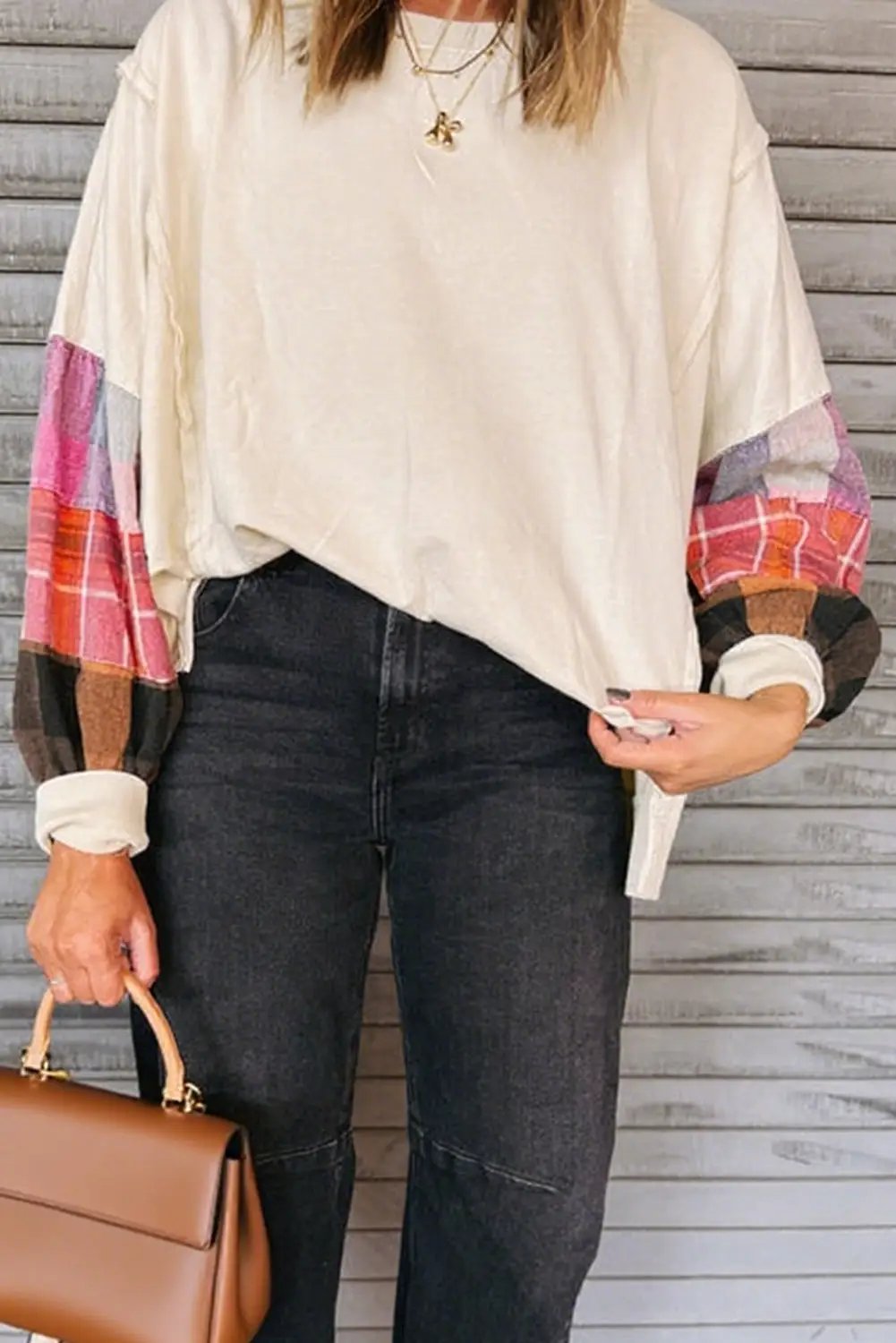 Grateful Threads Boutique Beige Contrast Plaid Long Sleeve Exposed Seam Patchwork Top - Shirts Beige Contrast Plaid Long Sleeve Exposed Seam Patchwork Top