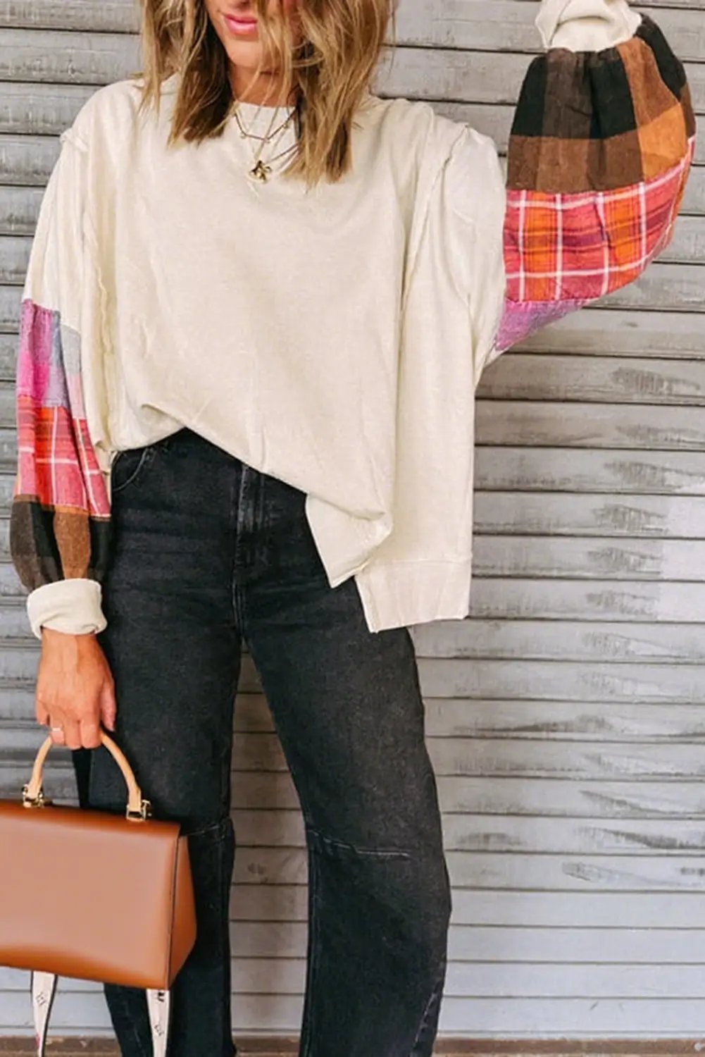 Grateful Threads Boutique Beige Contrast Plaid Long Sleeve Exposed Seam Patchwork Top - Shirts Beige Contrast Plaid Long Sleeve Exposed Seam Patchwork Top