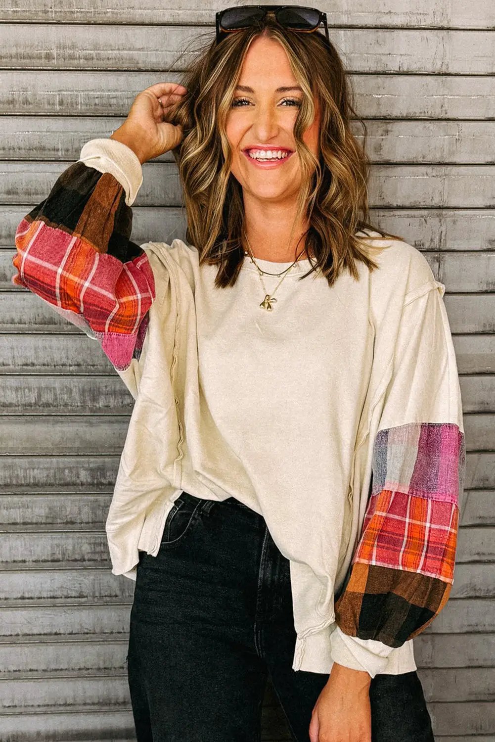 Grateful Threads Boutique Beige Contrast Plaid Long Sleeve Exposed Seam Patchwork Top - Shirts Beige Contrast Plaid Long Sleeve Exposed Seam Patchwork Top