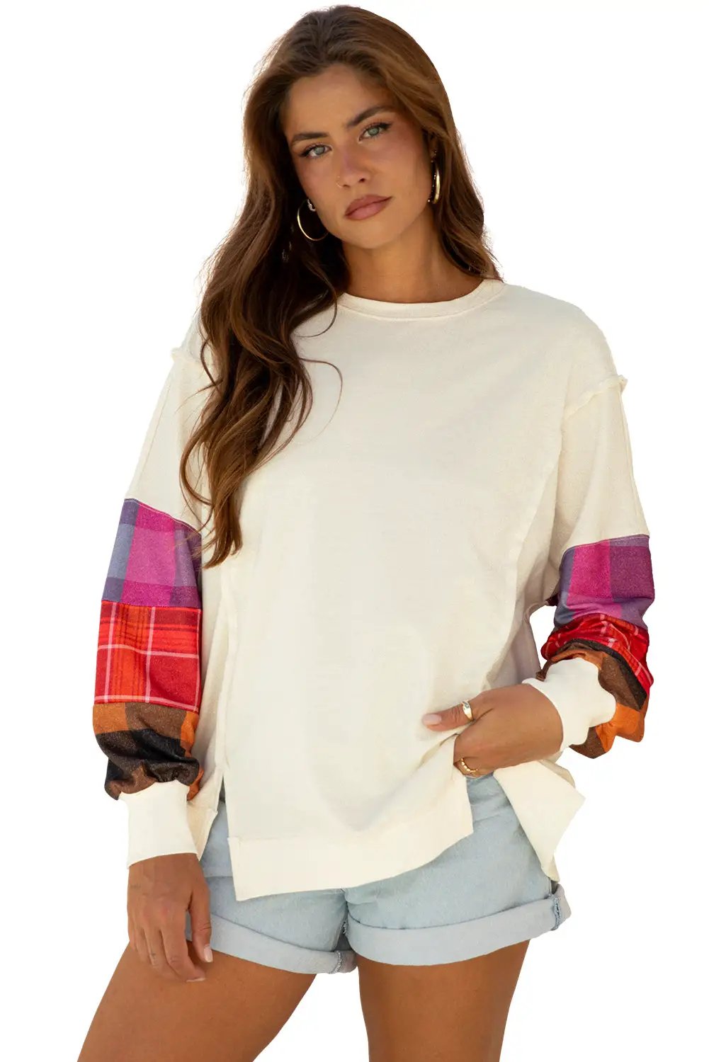 Grateful Threads Boutique Beige Contrast Plaid Long Sleeve Exposed Seam Patchwork Top - Shirts Beige Contrast Plaid Long Sleeve Exposed Seam Patchwork Top