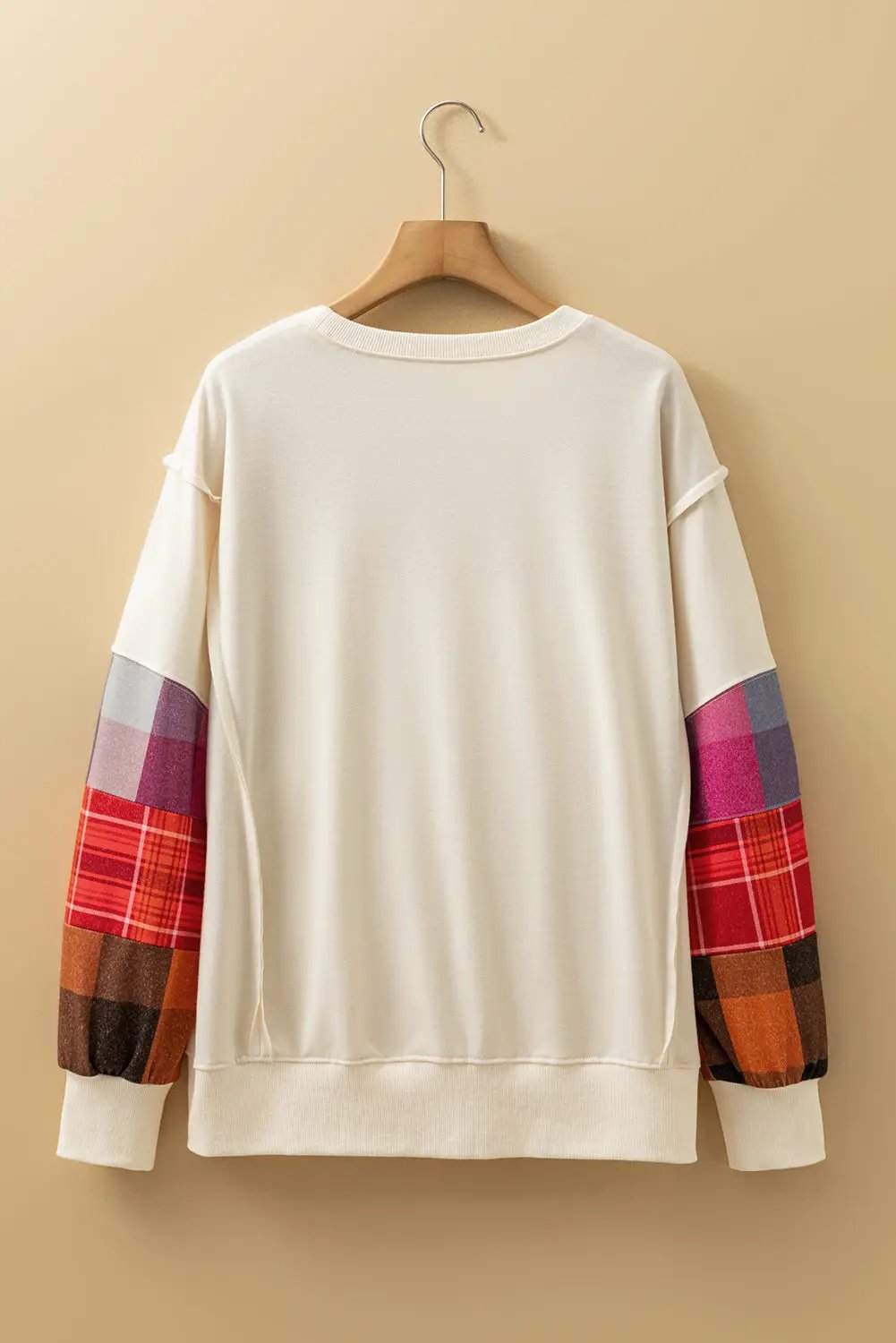 Grateful Threads Boutique Beige Contrast Plaid Long Sleeve Exposed Seam Patchwork Top - Shirts Beige Contrast Plaid Long Sleeve Exposed Seam Patchwork Top