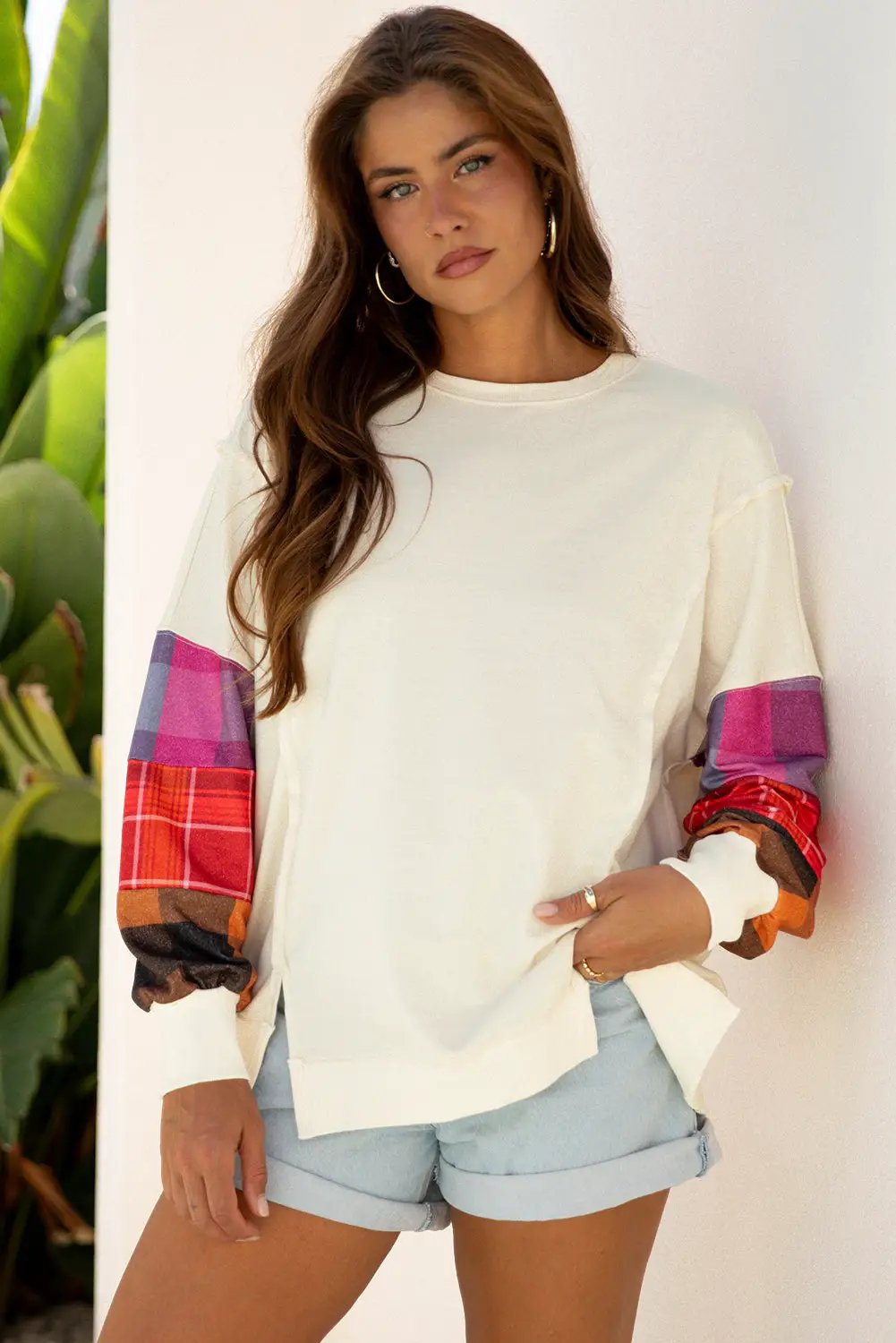 Grateful Threads Boutique Beige Contrast Plaid Long Sleeve Exposed Seam Patchwork Top - Shirts Beige Contrast Plaid Long Sleeve Exposed Seam Patchwork Top