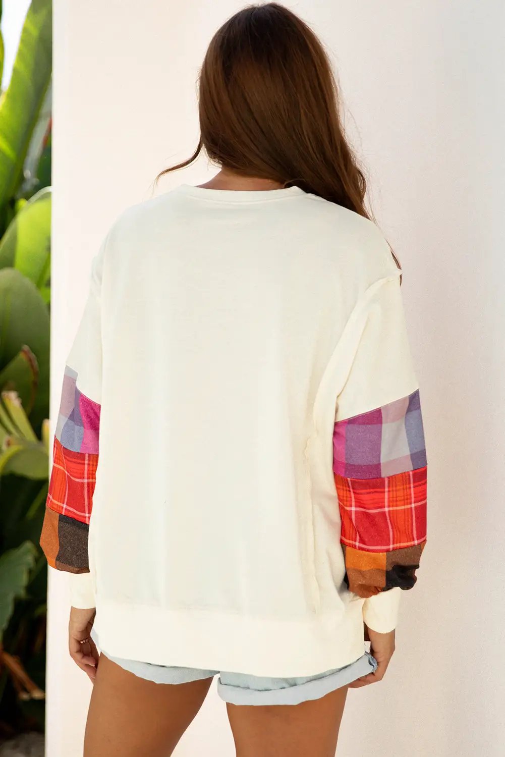 Grateful Threads Boutique Beige Contrast Plaid Long Sleeve Exposed Seam Patchwork Top - Shirts Beige Contrast Plaid Long Sleeve Exposed Seam Patchwork Top