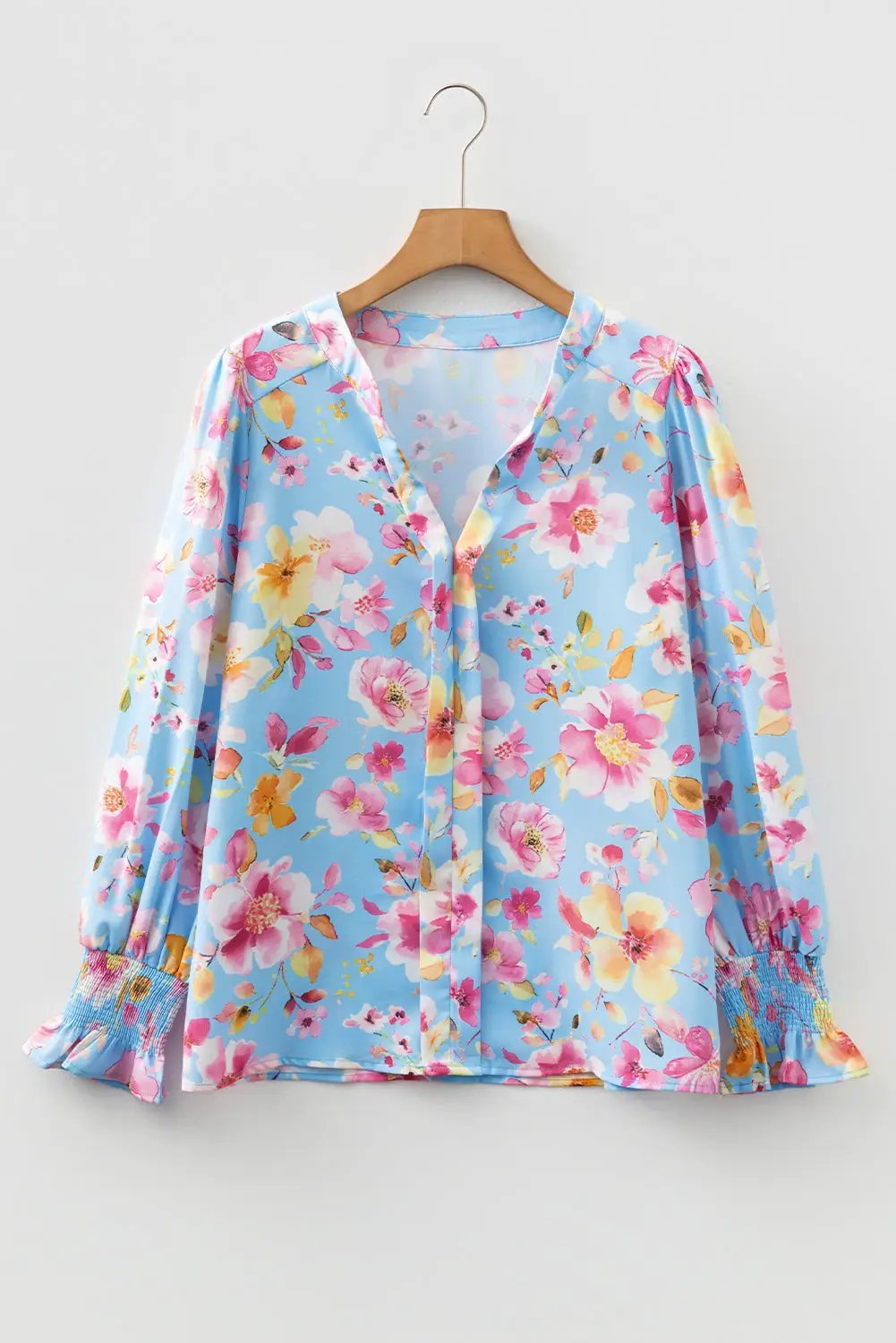 Grateful Threads Boutique Sky Blue Floral Smocked Cuff Flounce Sleeve V Neck Blouse - Blouses Sky Blue Floral Smocked Cuff Flounce Sleeve V Neck Blouse