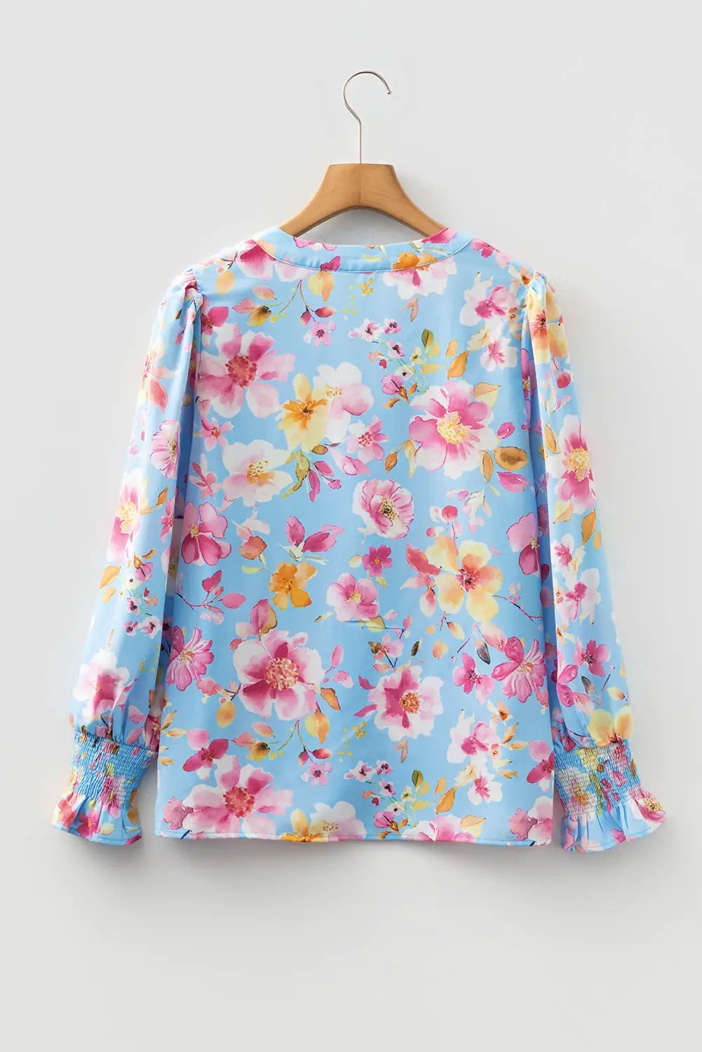 Grateful Threads Boutique Sky Blue Floral Smocked Cuff Flounce Sleeve V Neck Blouse - Blouses Sky Blue Floral Smocked Cuff Flounce Sleeve V Neck Blouse