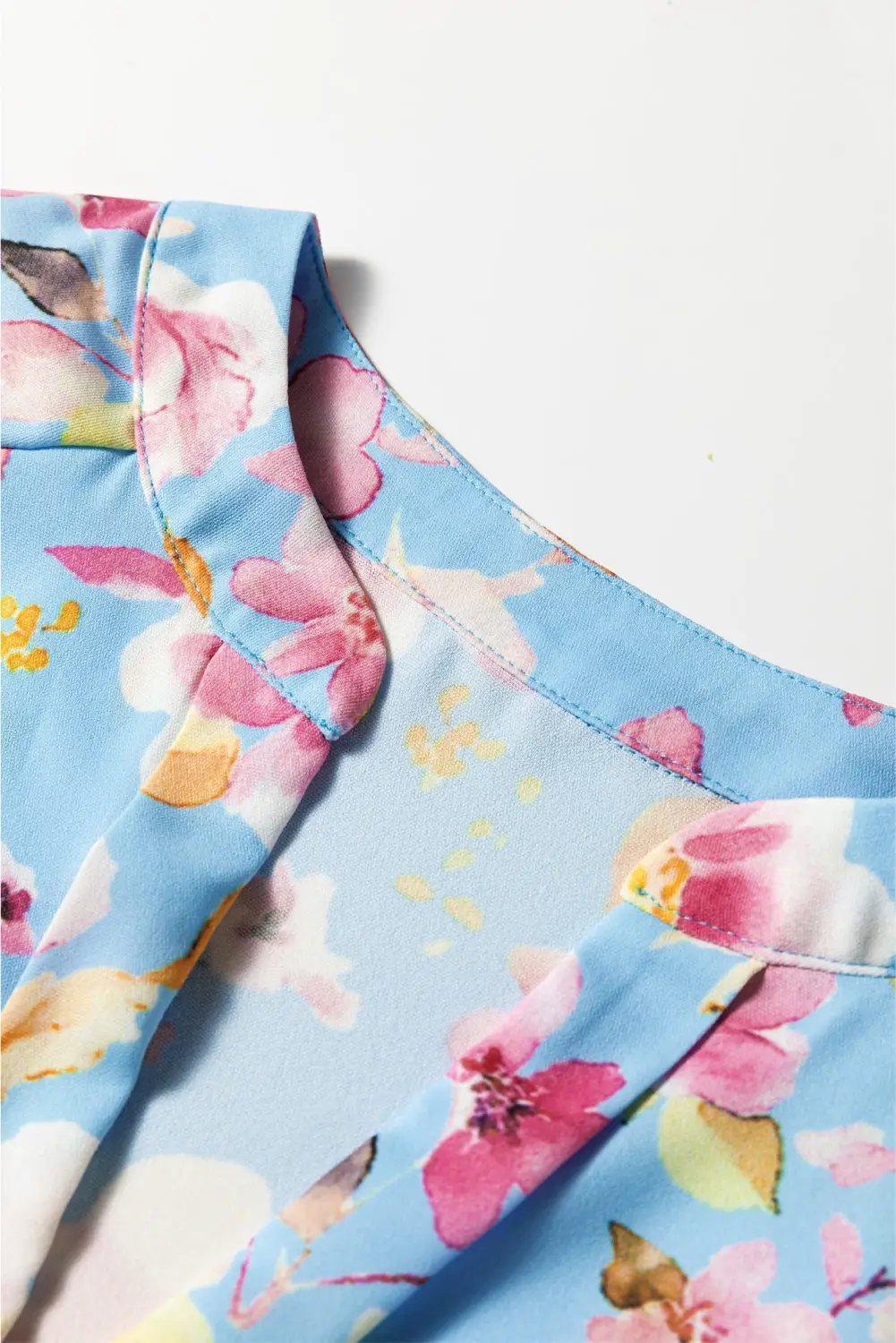 Grateful Threads Boutique Sky Blue Floral Smocked Cuff Flounce Sleeve V Neck Blouse - Blouses Sky Blue Floral Smocked Cuff Flounce Sleeve V Neck Blouse