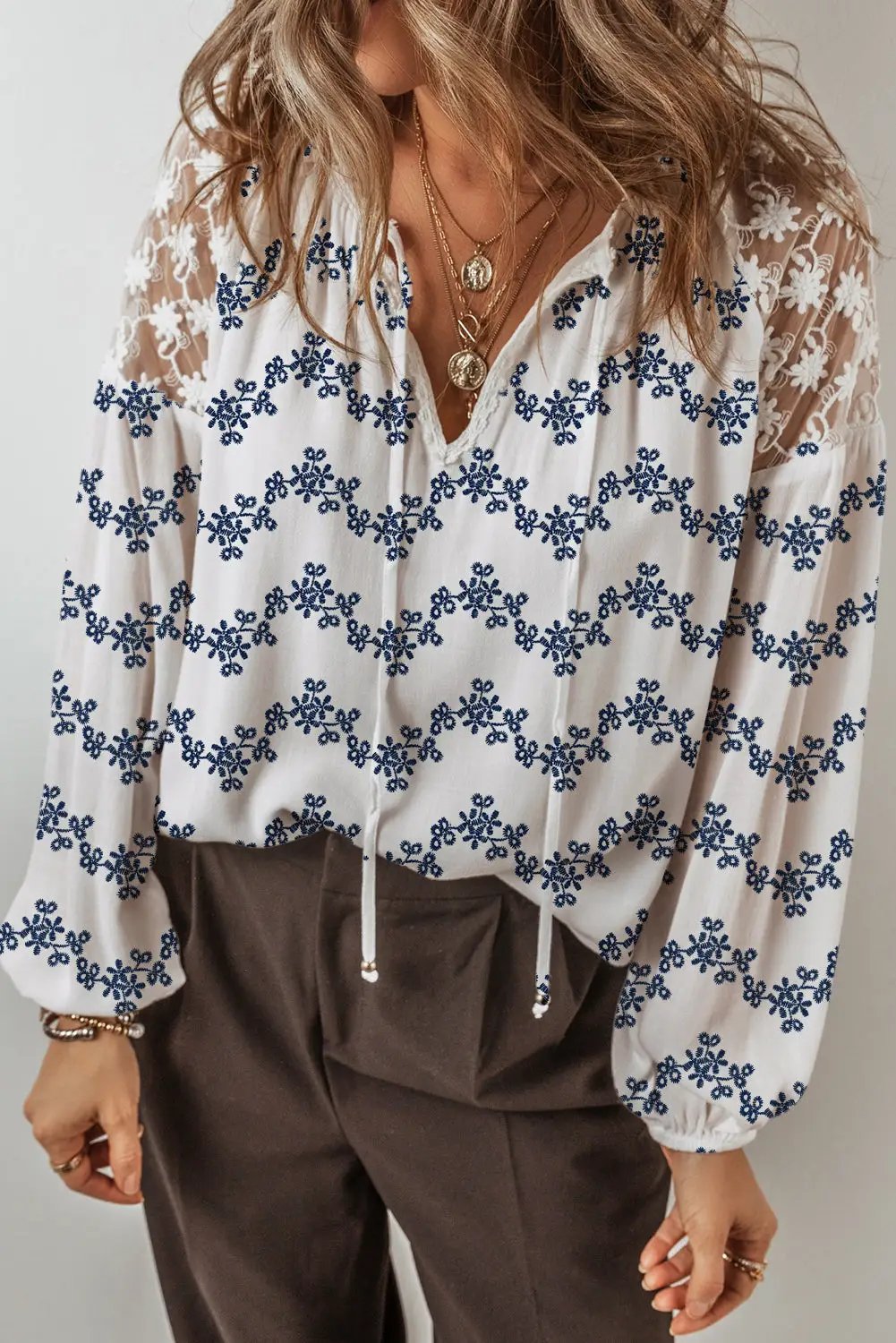 Grateful Threads Boutique Blue Lace Patchwork Floral Bubble Sleeve V Split Neck Blouse - Blouses Blue Lace Patchwork Floral Bubble Sleeve V Split Neck Blouse