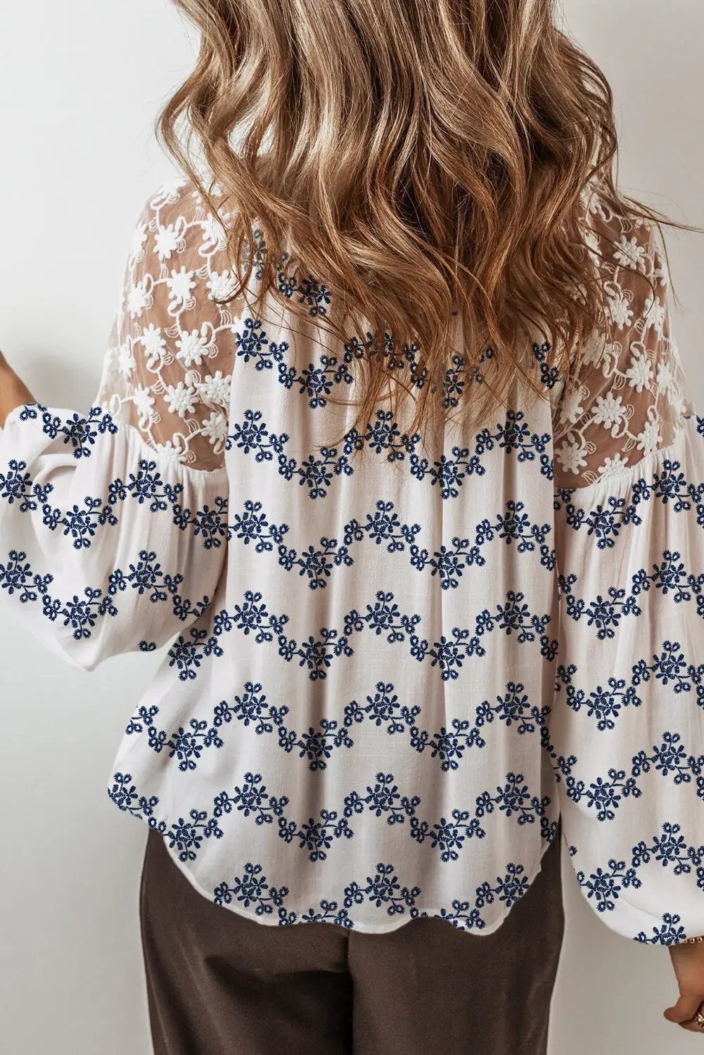 Grateful Threads Boutique Blue Lace Patchwork Floral Bubble Sleeve V Split Neck Blouse - Blouses Blue Lace Patchwork Floral Bubble Sleeve V Split Neck Blouse
