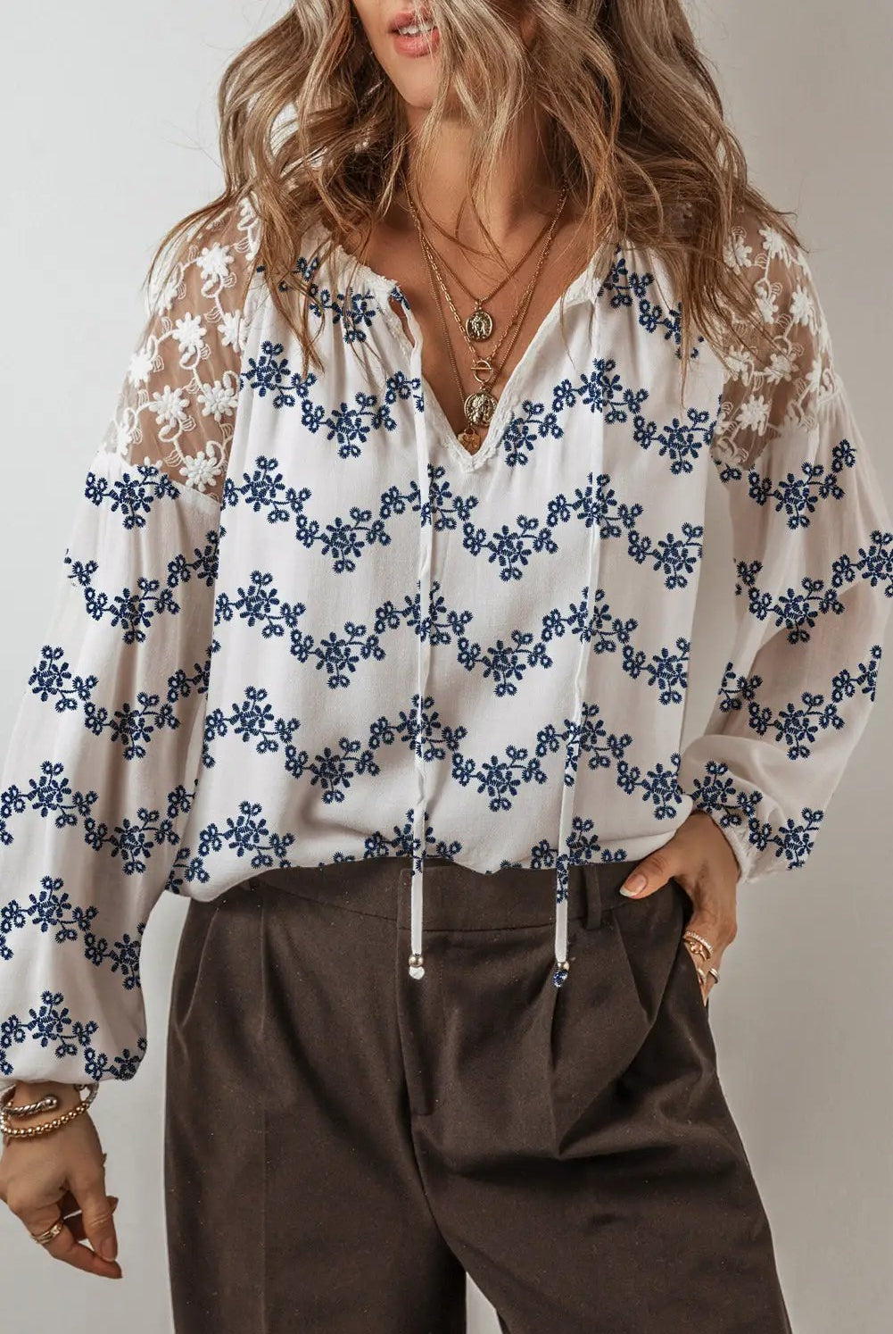 Grateful Threads Boutique Blue Lace Patchwork Floral Bubble Sleeve V Split Neck Blouse - Blouses Blue Lace Patchwork Floral Bubble Sleeve V Split Neck Blouse