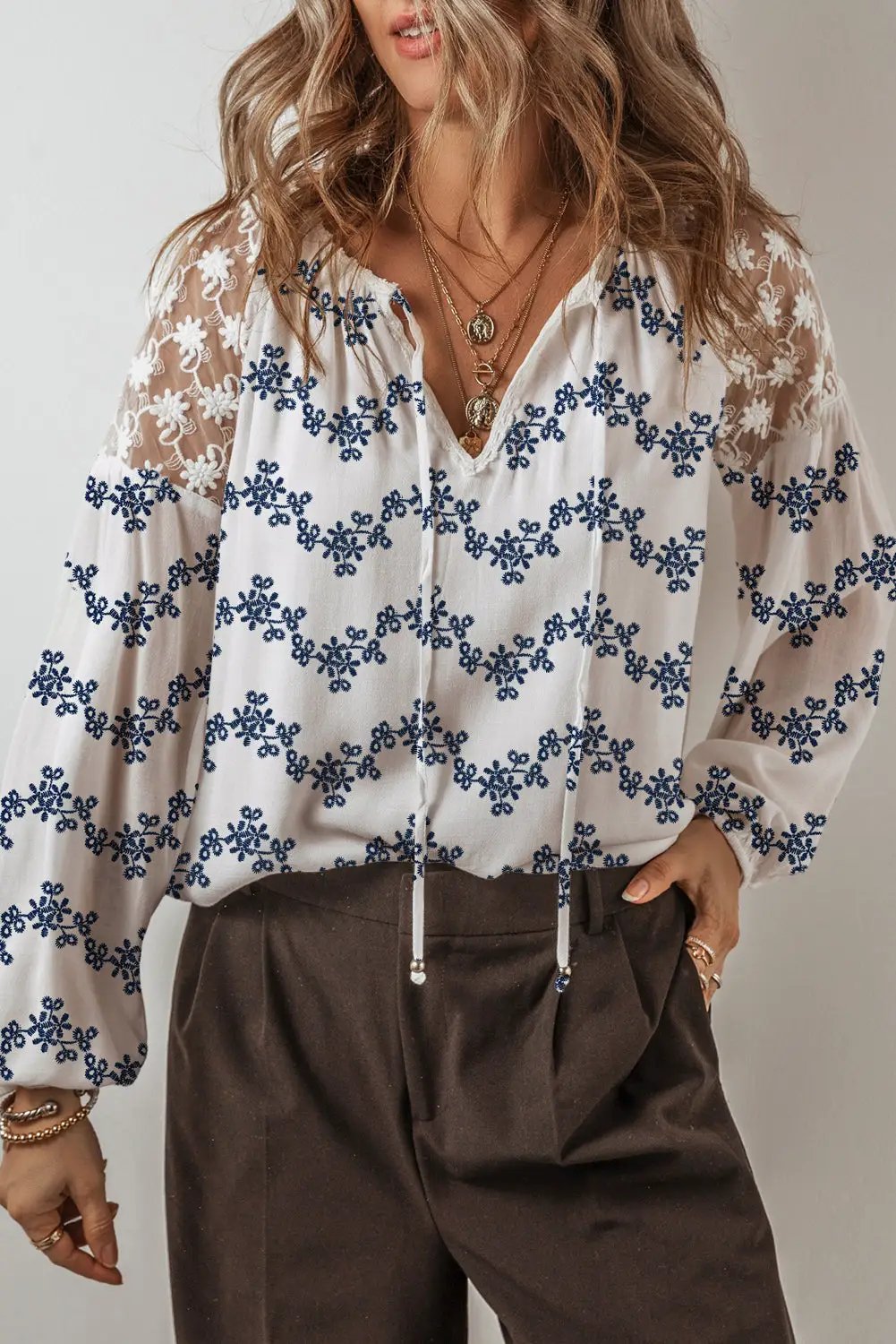 Grateful Threads Boutique Blue Lace Patchwork Floral Bubble Sleeve V Split Neck Blouse - Blouses Blue Lace Patchwork Floral Bubble Sleeve V Split Neck Blouse