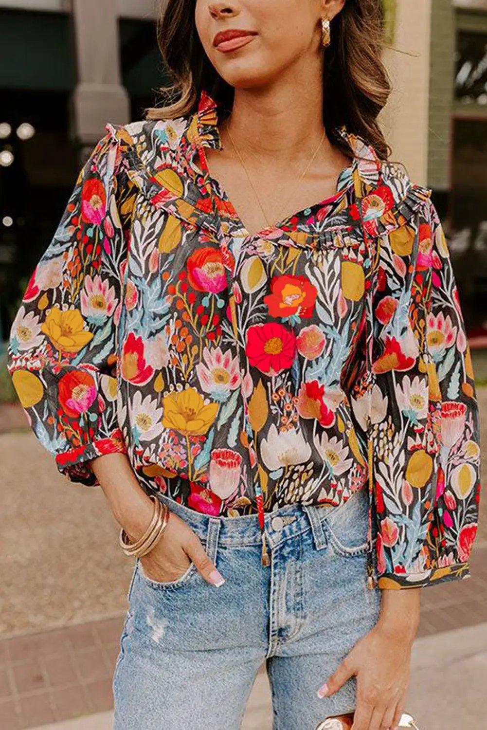 Grateful Threads Boutique Black Floral 3/4 Puff Sleeve Tied Neck Blouse - Blouses Black Floral 3/4 Puff Sleeve Tied Neck Blouse