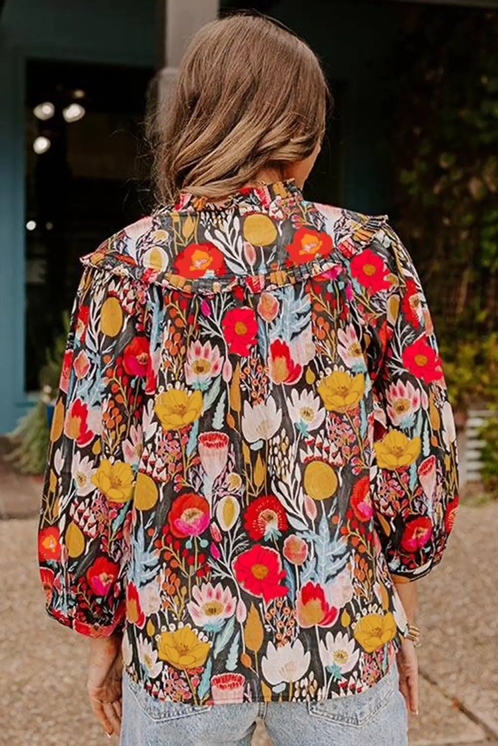 Grateful Threads Boutique Black Floral 3/4 Puff Sleeve Tied Neck Blouse - Blouses Black Floral 3/4 Puff Sleeve Tied Neck Blouse