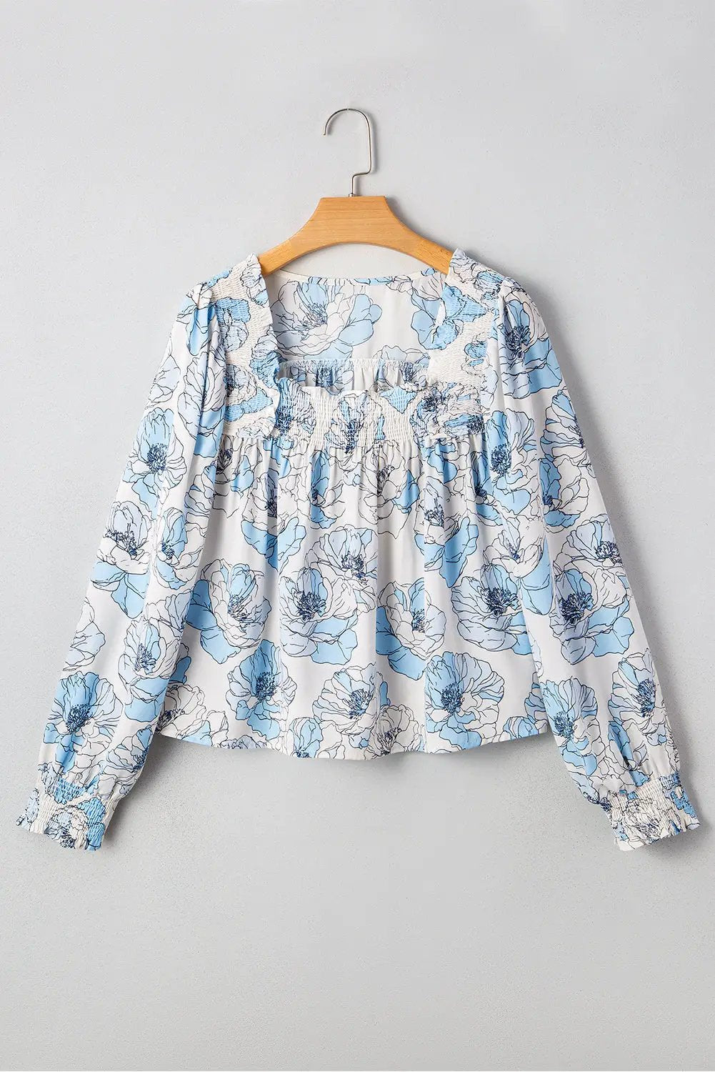 Grateful Threads Boutique Sky Blue Floral Print Frilly Smocked Square Neck Long Sleeve Blouse - Blouses top-blouse