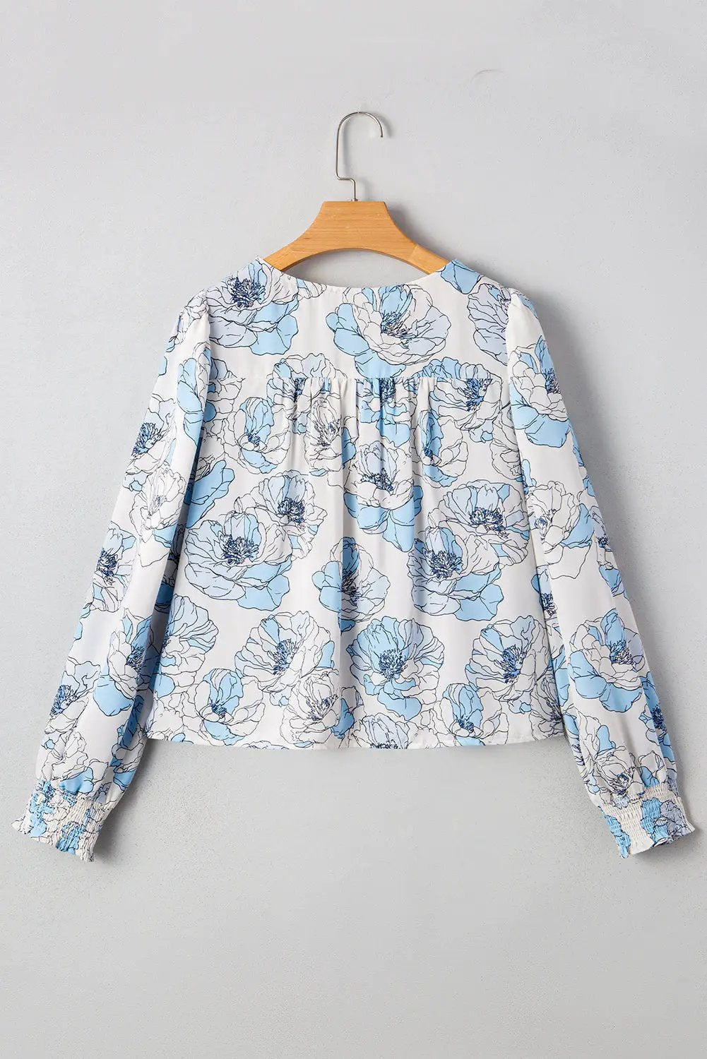 Grateful Threads Boutique Sky Blue Floral Print Frilly Smocked Square Neck Long Sleeve Blouse - Blouses top-blouse