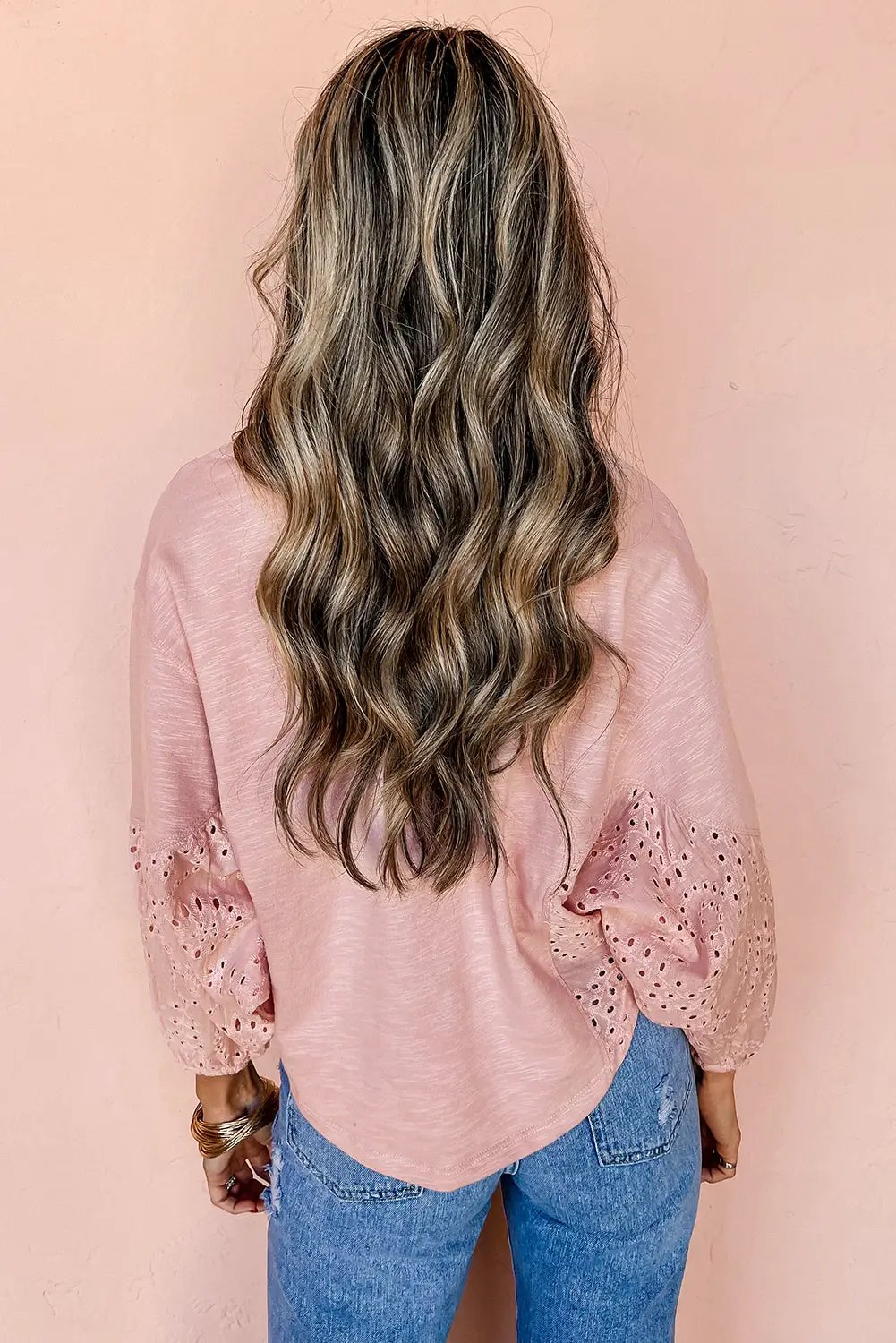Grateful Threads Boutique Light Pink Keyhole V-Neck Batwing Sleeve Blouse – Trendy Casual Top - Blouses Light Pink Keyhole Notch V Neck Batwing Sleeve Blouse