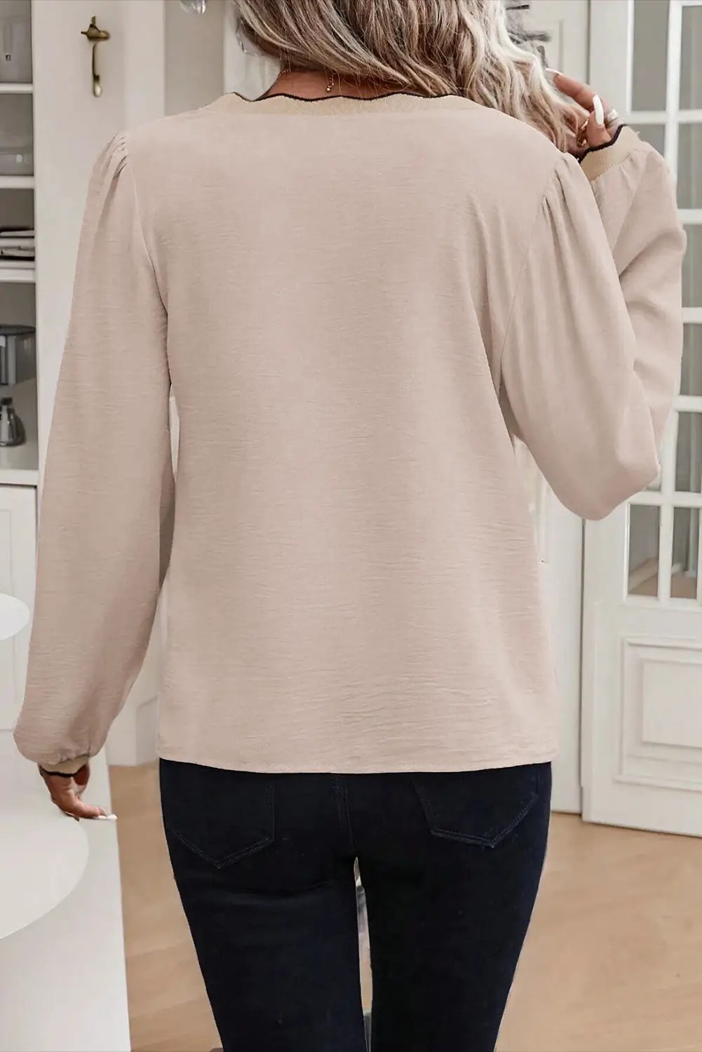 Grateful Threads Boutique Jet Stream Contrast Scallop Trim V Neck Long Sleeve Top - Blouses Jet Stream Contrast Scallop Trim V Neck Long Sleeve Top