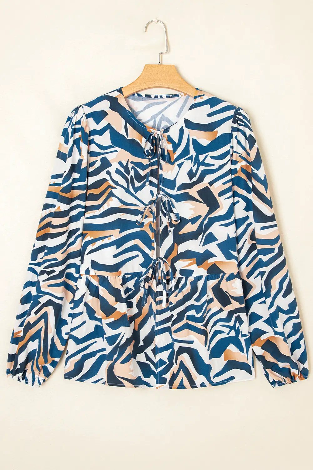 Grateful Threads Boutique Blue Zebra Print Tied Front Puff Sleeve Top - Blouses top-blouse