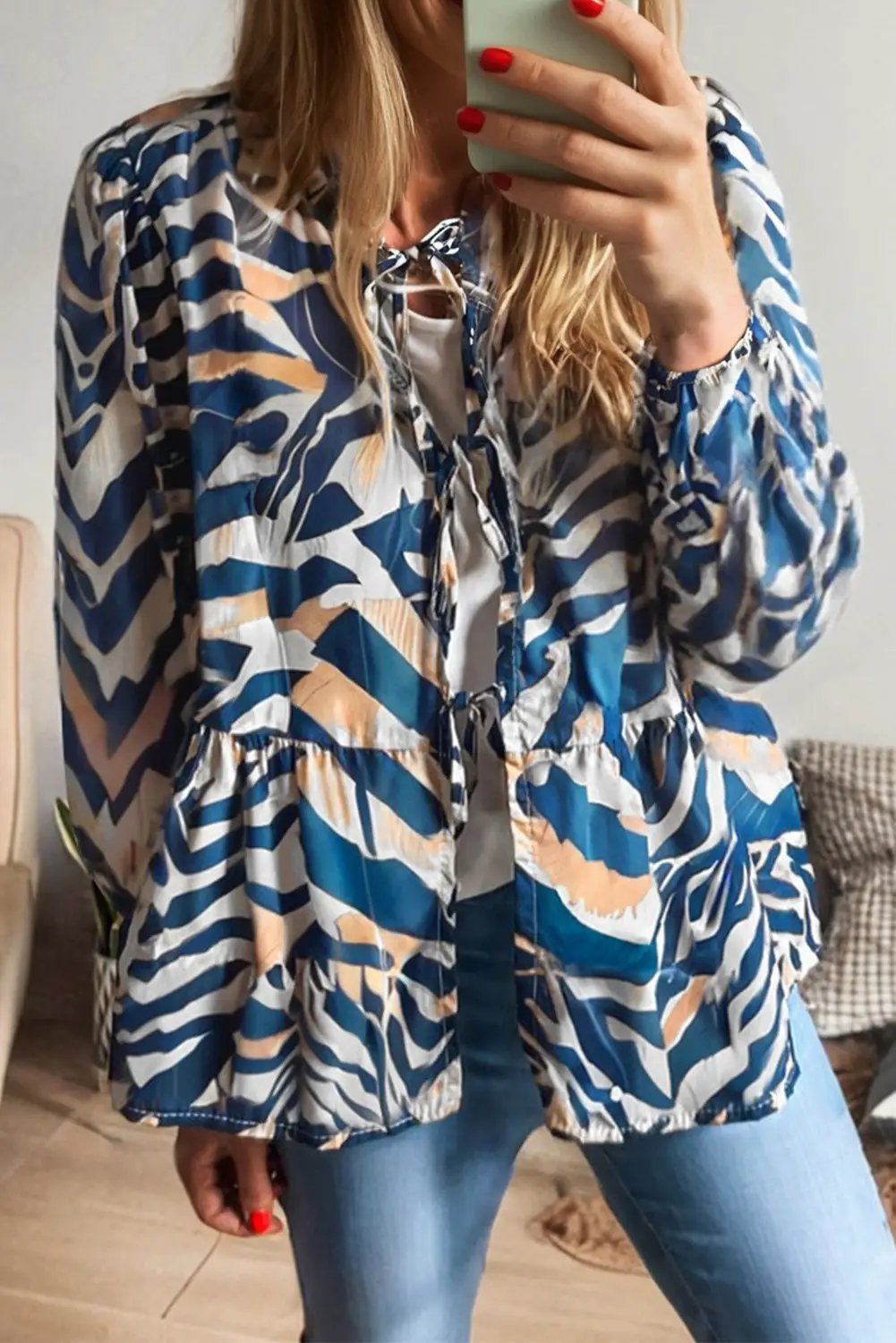 Grateful Threads Boutique Blue Zebra Print Tied Front Puff Sleeve Top - Blouses top-blouse