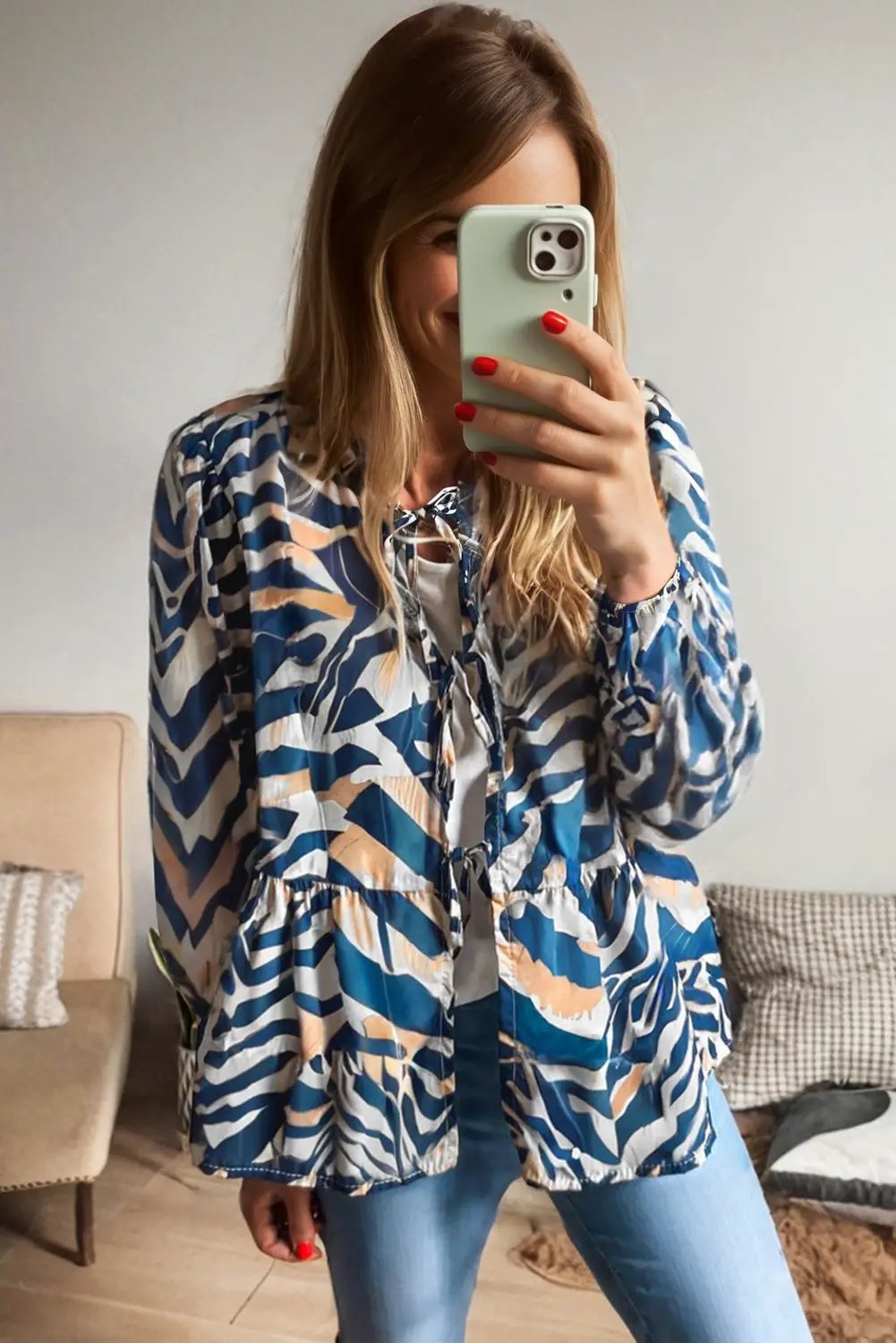 Grateful Threads Boutique Blue Zebra Print Tied Front Puff Sleeve Top - Blouses top-blouse