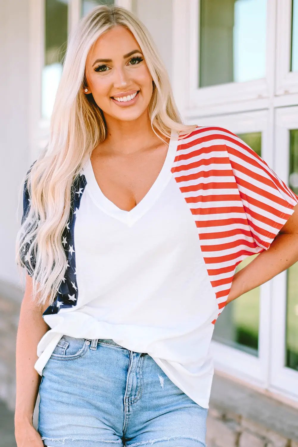 Grateful Threads Boutique White The US Stars and Stripes V-Neck Tee - T-Shirts White The US Stars and Stripes V Neck Tee