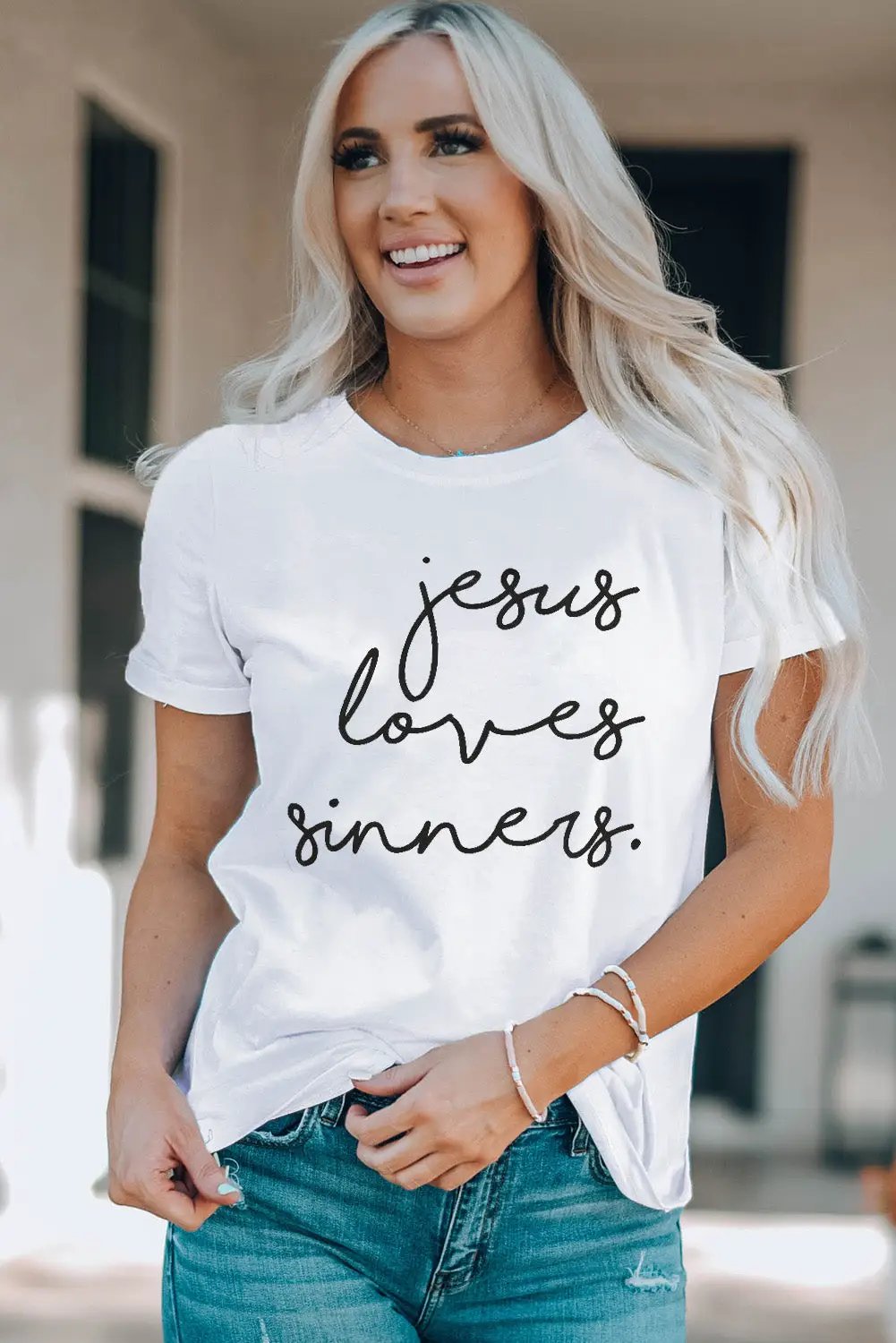 Grateful Threads Boutique “Jesus Loves Sinners” Graphic Tee – White - T-Shirts White Jesus Loves Sinners T Shirt