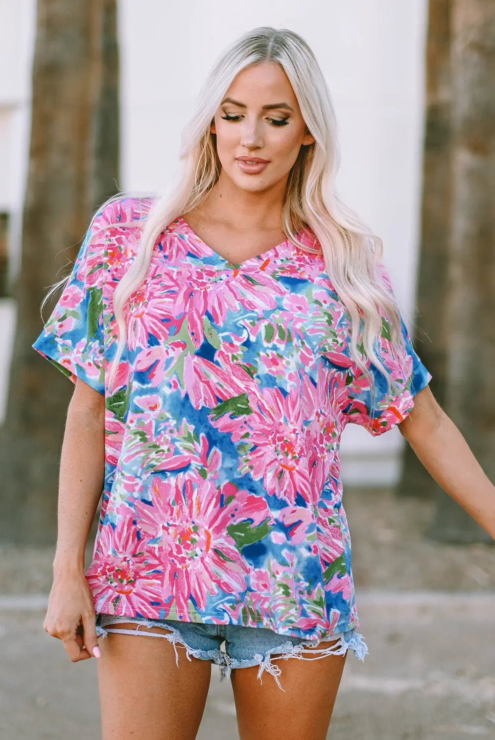 Grateful Threads Boutique Pink Floral Print V Neck T Shirt - T-Shirts Pink Floral T Shirt