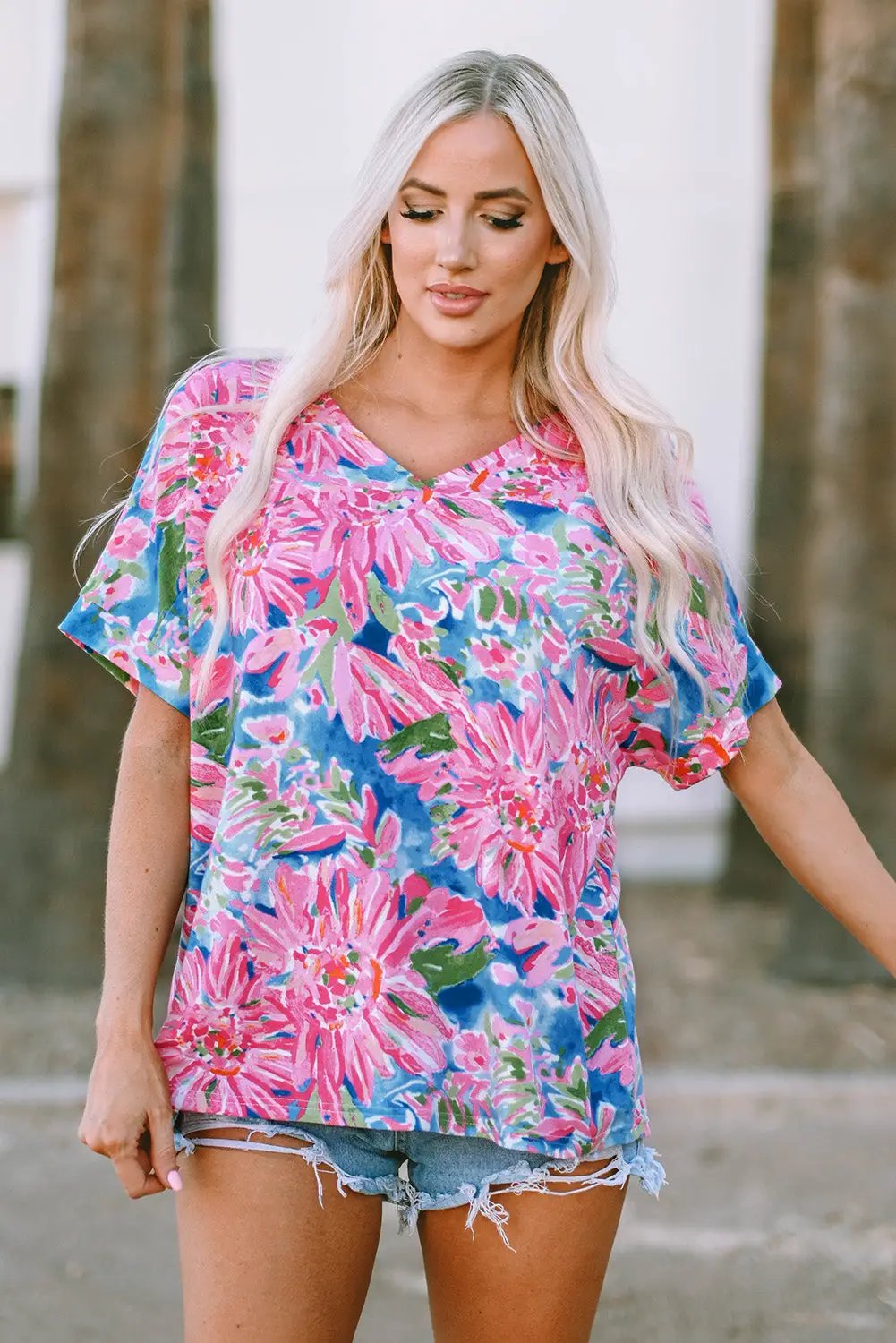 Grateful Threads Boutique Pink Floral Print V Neck T Shirt - T-Shirts Pink Floral T Shirt