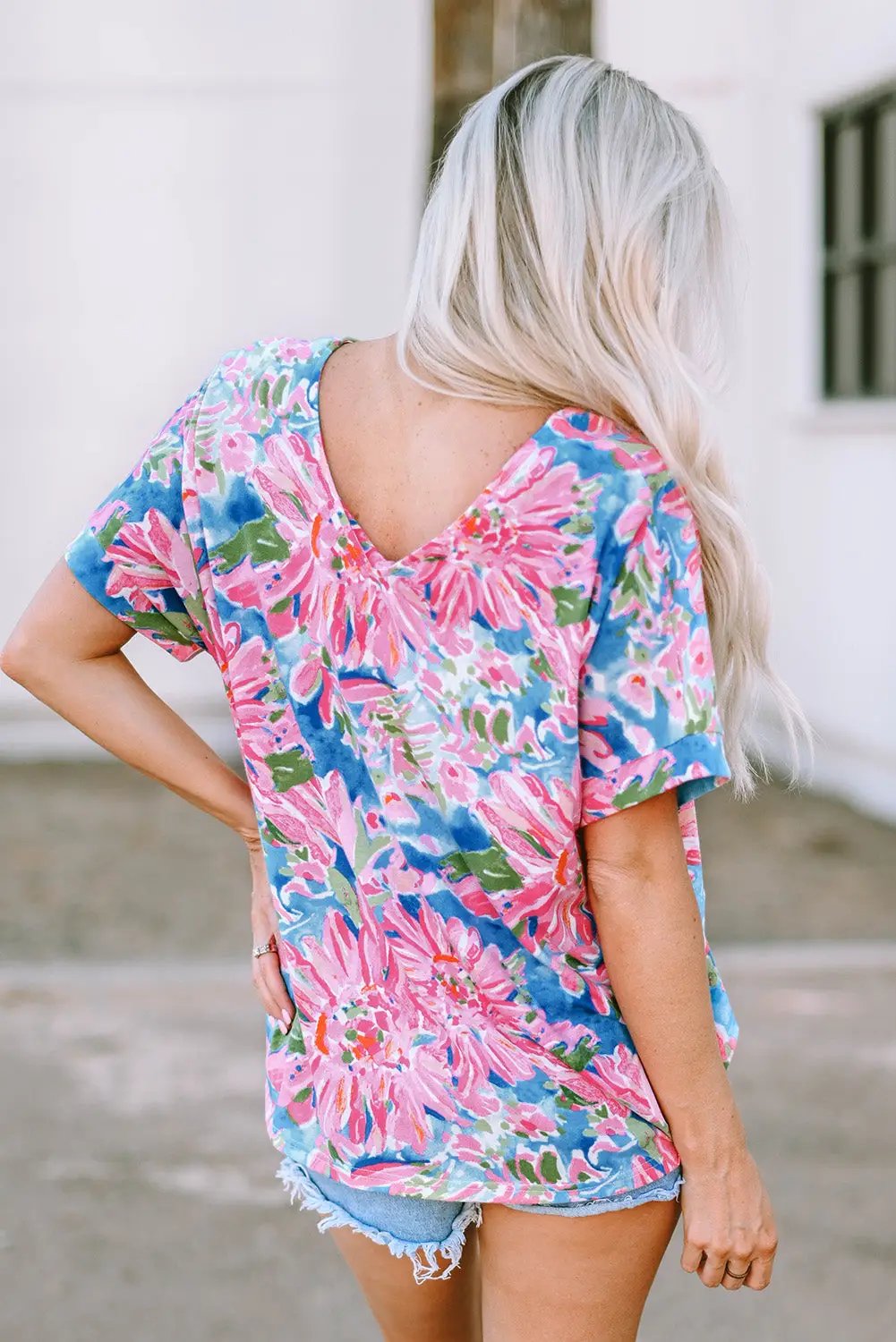 Grateful Threads Boutique Pink Floral Print V Neck T Shirt - T-Shirts Pink Floral T Shirt