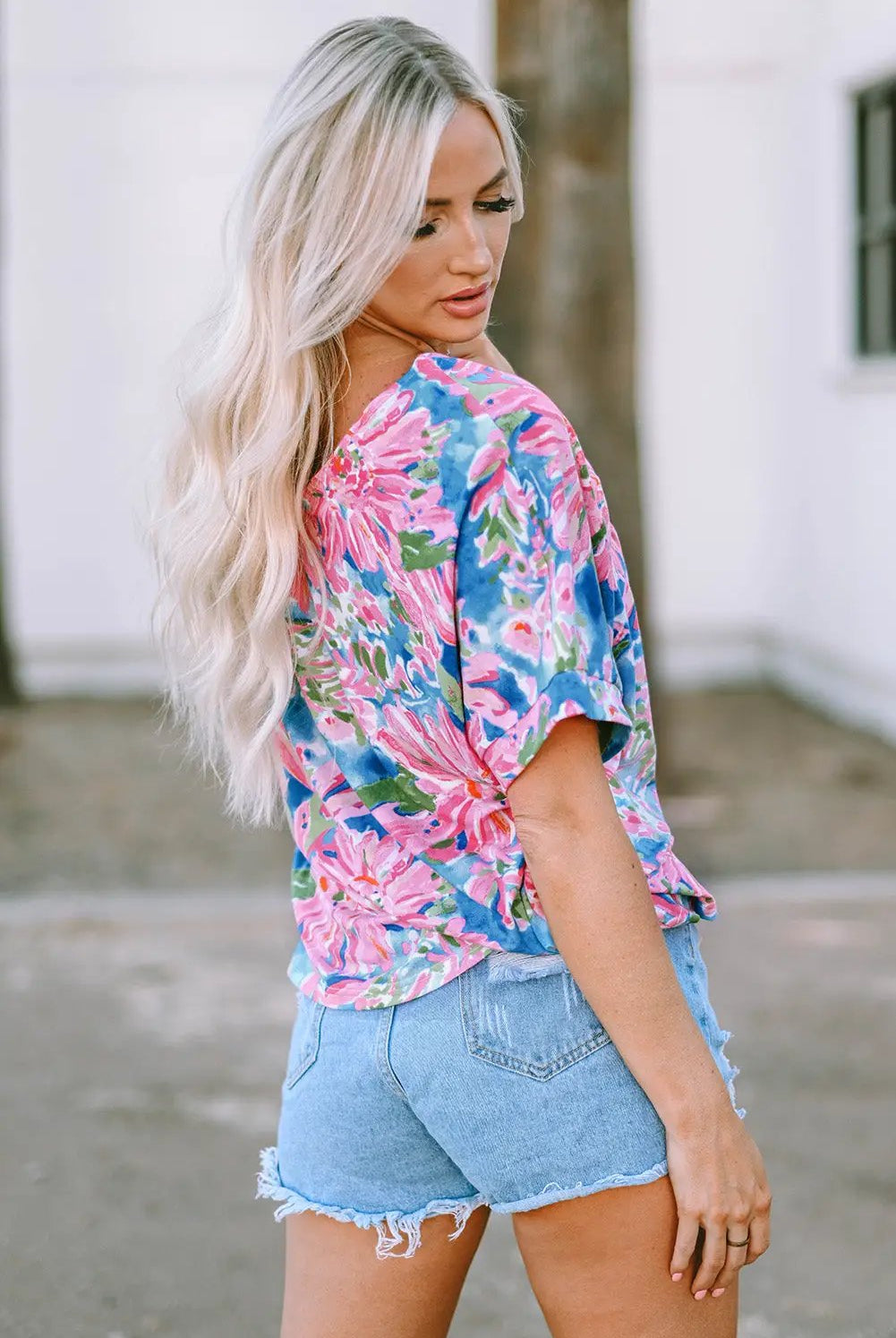 Grateful Threads Boutique Pink Floral Print V Neck T Shirt - T-Shirts Pink Floral T Shirt
