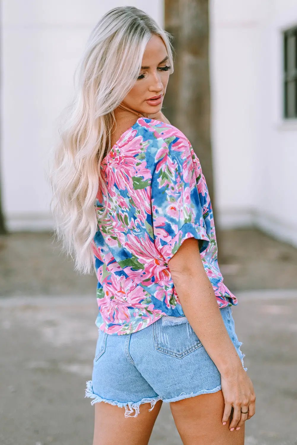 Grateful Threads Boutique Pink Floral Print V Neck T Shirt - T-Shirts Pink Floral T Shirt