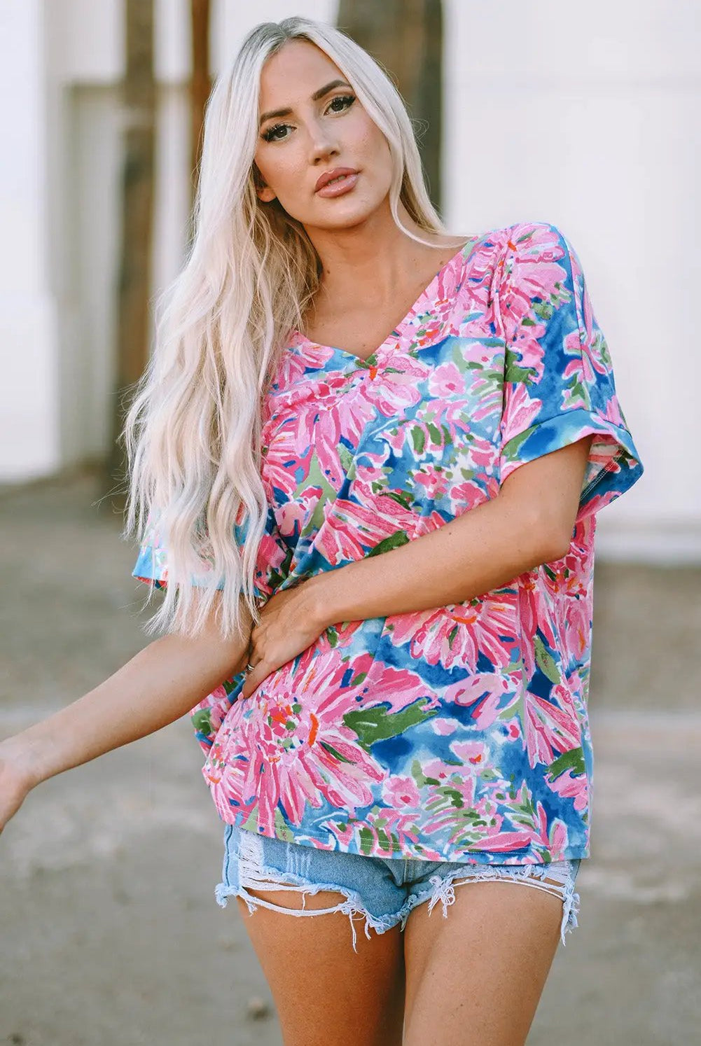 Grateful Threads Boutique Pink Floral Print V Neck T Shirt - T-Shirts Pink Floral T Shirt