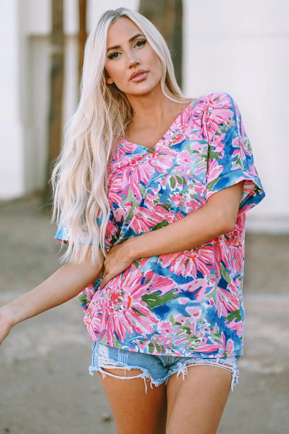 Grateful Threads Boutique Pink Floral Print V Neck T Shirt - T-Shirts Pink Floral T Shirt