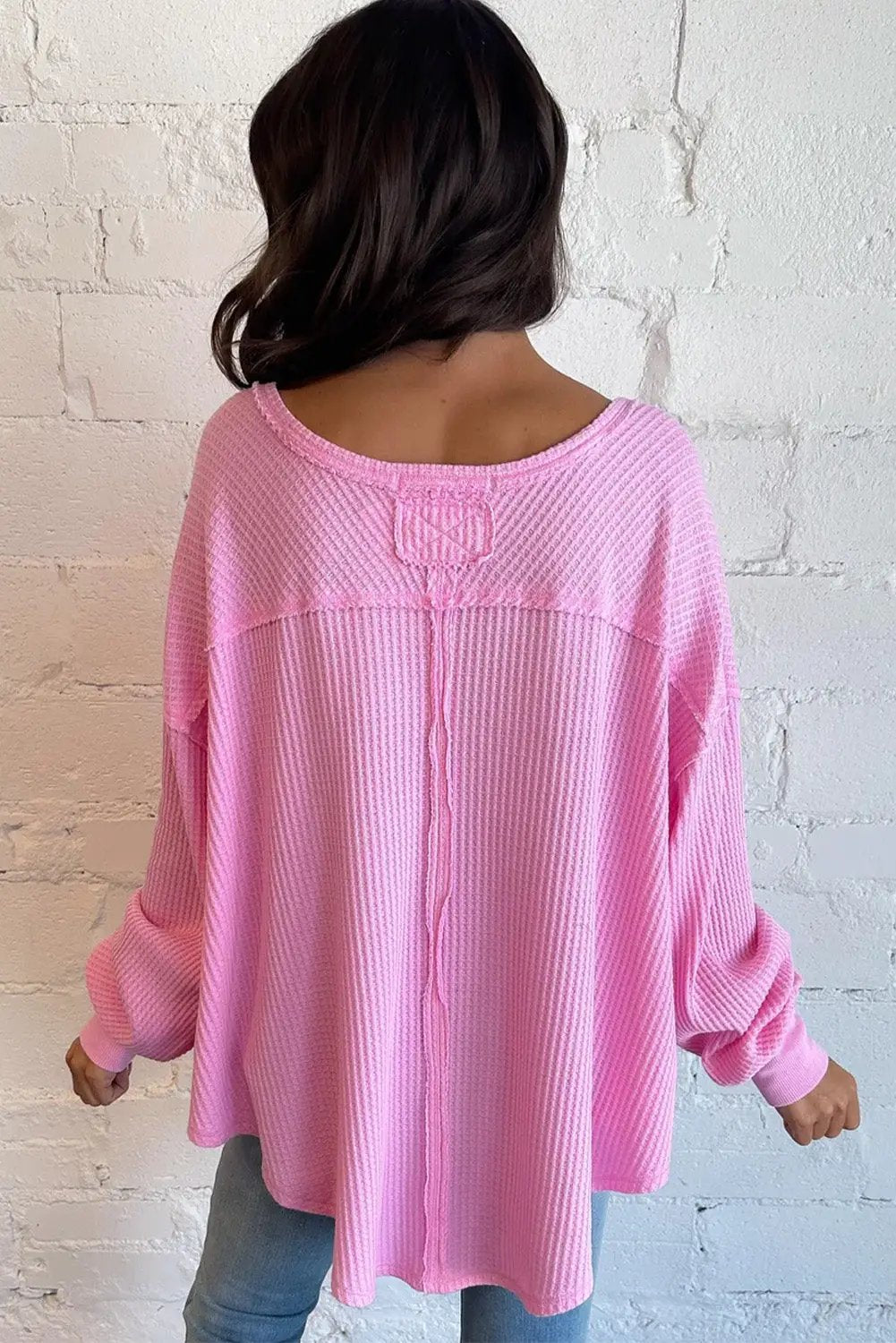 Grateful Threads Boutique Bubblegum Babe Oversized Waffle Knit High Low Top - Clothing Tops Bonbon Waffle Knit Exposed Seam High Low Top