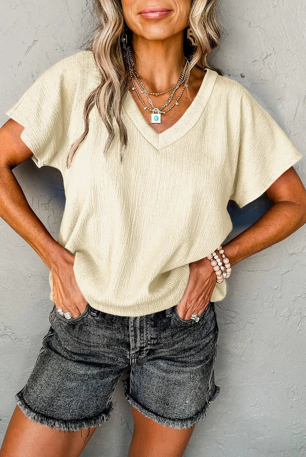 Grateful Threads Boutique Apricot Crinkled V Neck Wide Sleeve T-Shirt - T-Shirts
