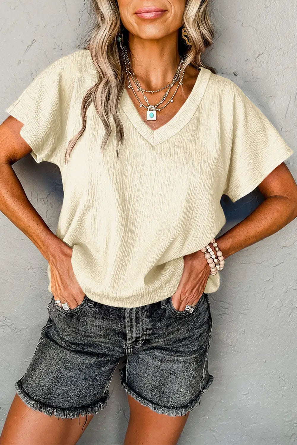 Grateful Threads Boutique Apricot Crinkled V Neck Wide Sleeve T-Shirt - T-Shirts