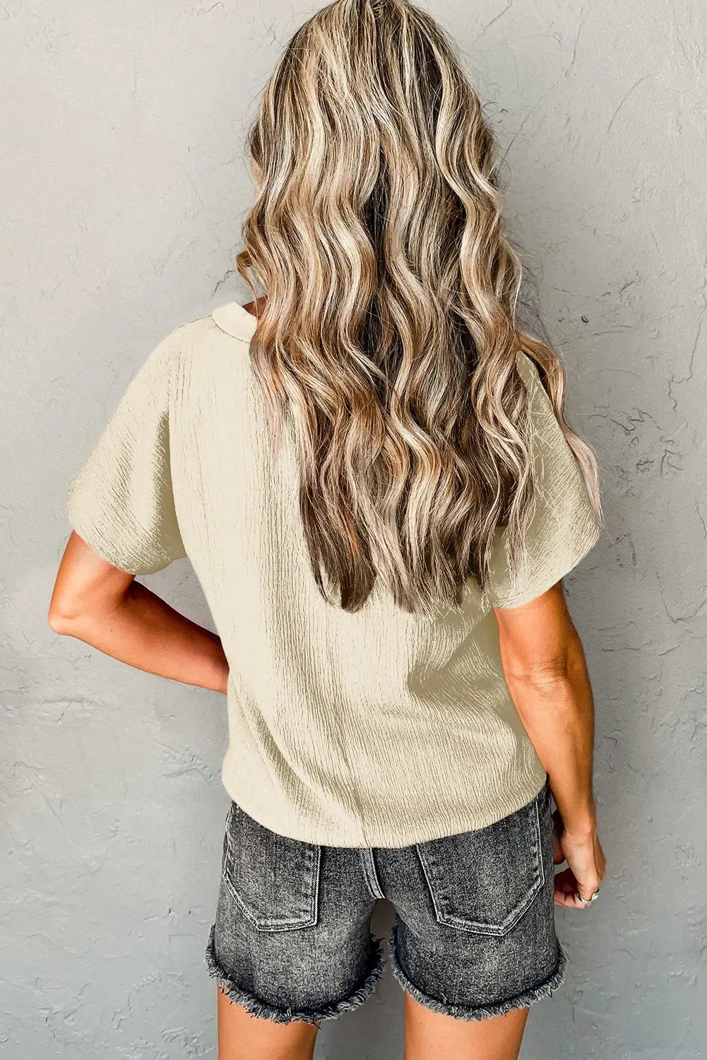 Grateful Threads Boutique Apricot Crinkled V Neck Wide Sleeve T-Shirt - T-Shirts