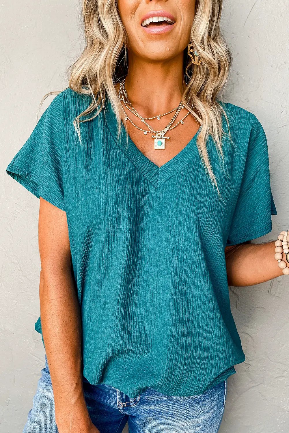 Grateful Threads Boutique Blue Sapphire Crinkled V-Neck - T-Shirts