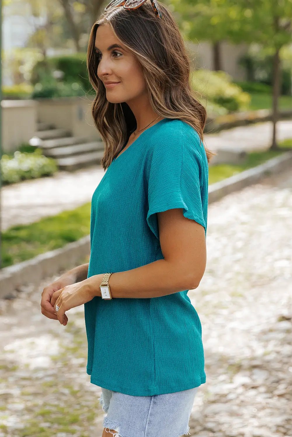 Grateful Threads Boutique Blue Sapphire Crinkled V-Neck - T-Shirts