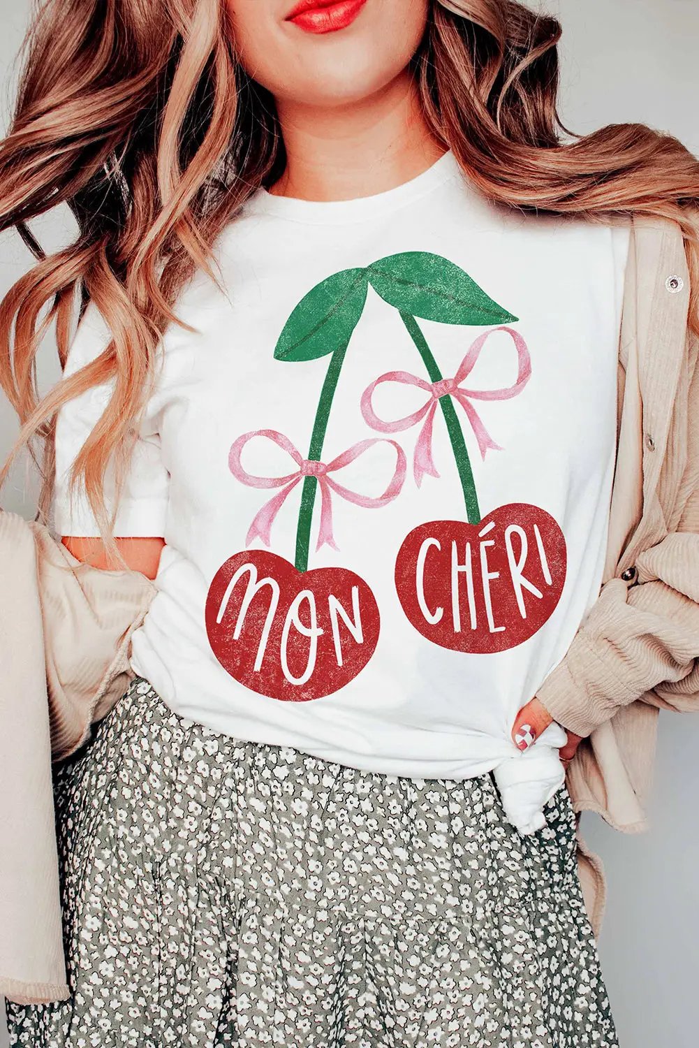 Grateful Threads Boutique White MON CHERI Cherry Graphic Crewneck T shirt - T-Shirts White MON CHERI Cherry Graphic Crewneck T shirt