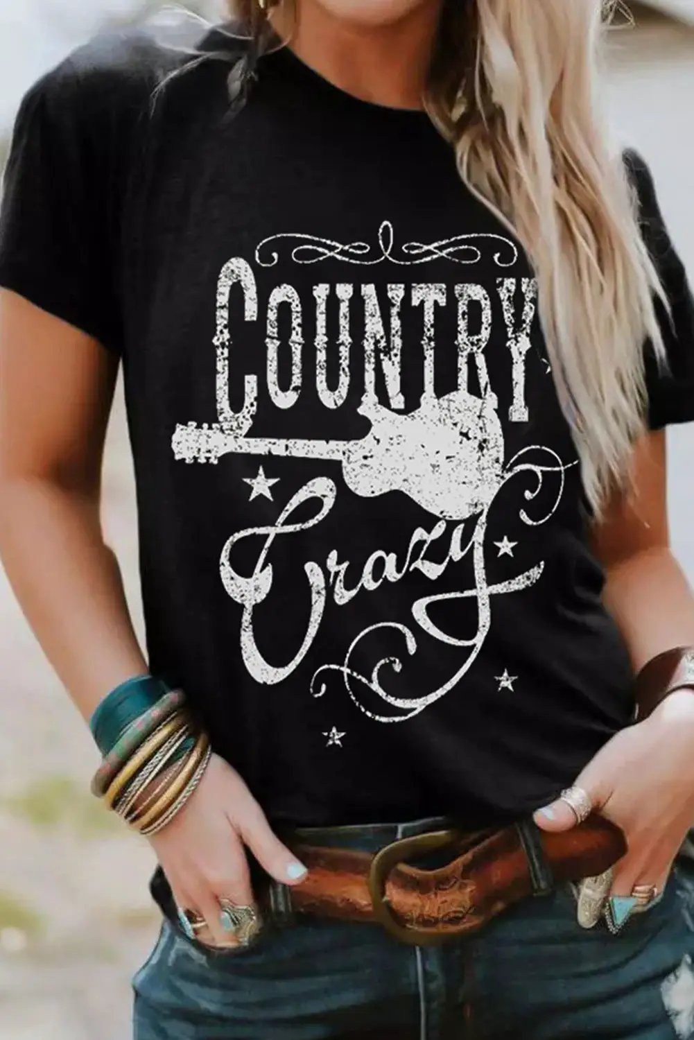 Grateful Threads Boutique Black Country Music Crazy Print Crew Neck T Shirt - T-Shirts Black Country Music Crazy Print Crew Neck T Shirt