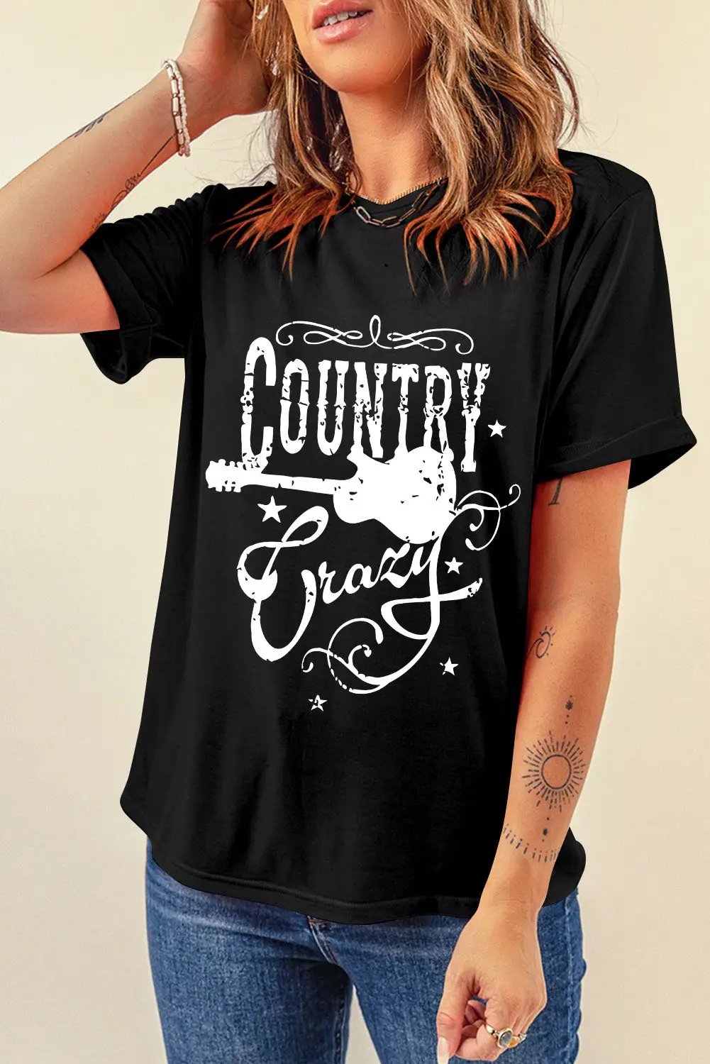 Grateful Threads Boutique Black Country Music Crazy Print Crew Neck T Shirt - T-Shirts Black Country Music Crazy Print Crew Neck T Shirt