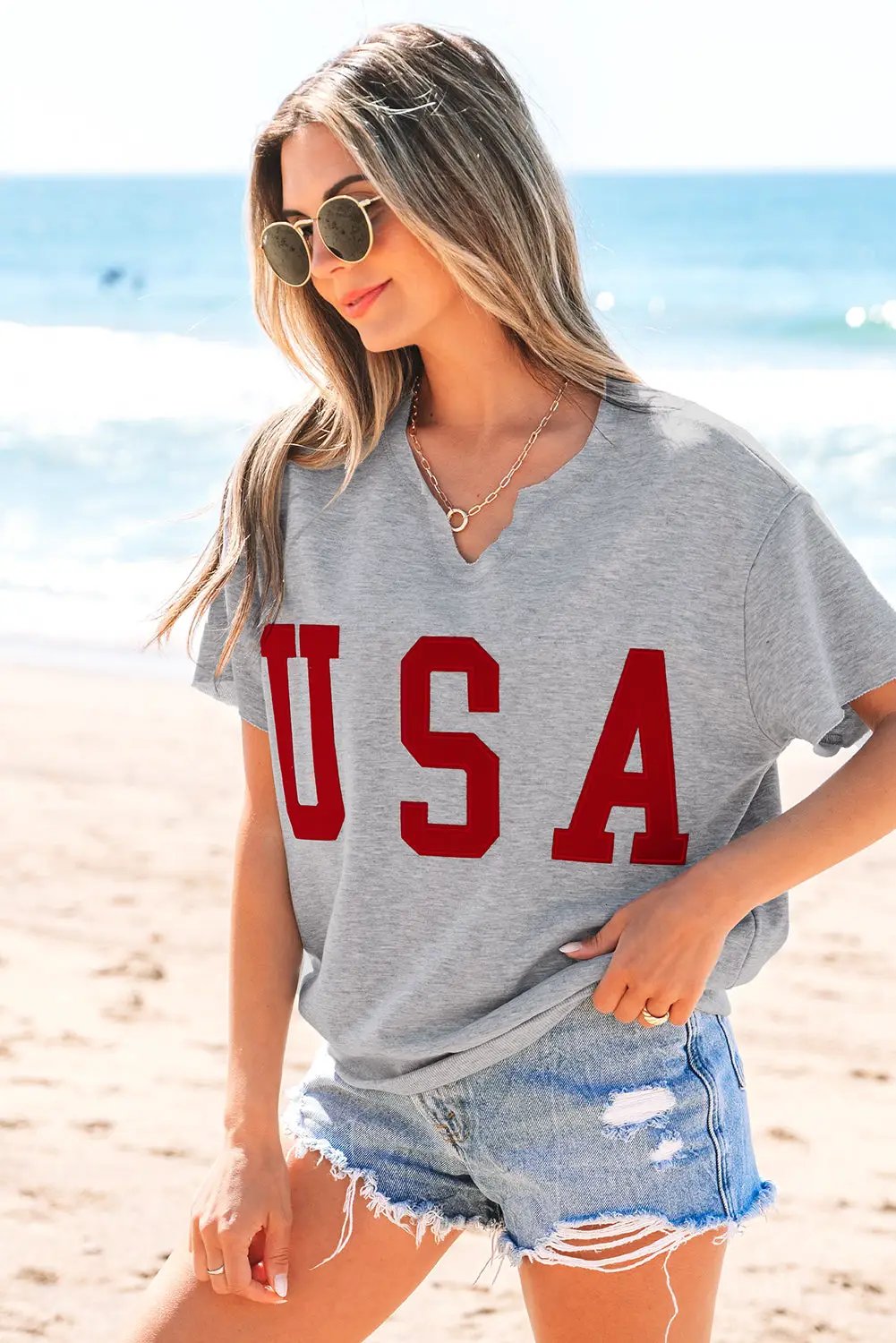 Grateful Threads Boutique USA Notched Neck Loose Tee - T-Shirts USA loose tee