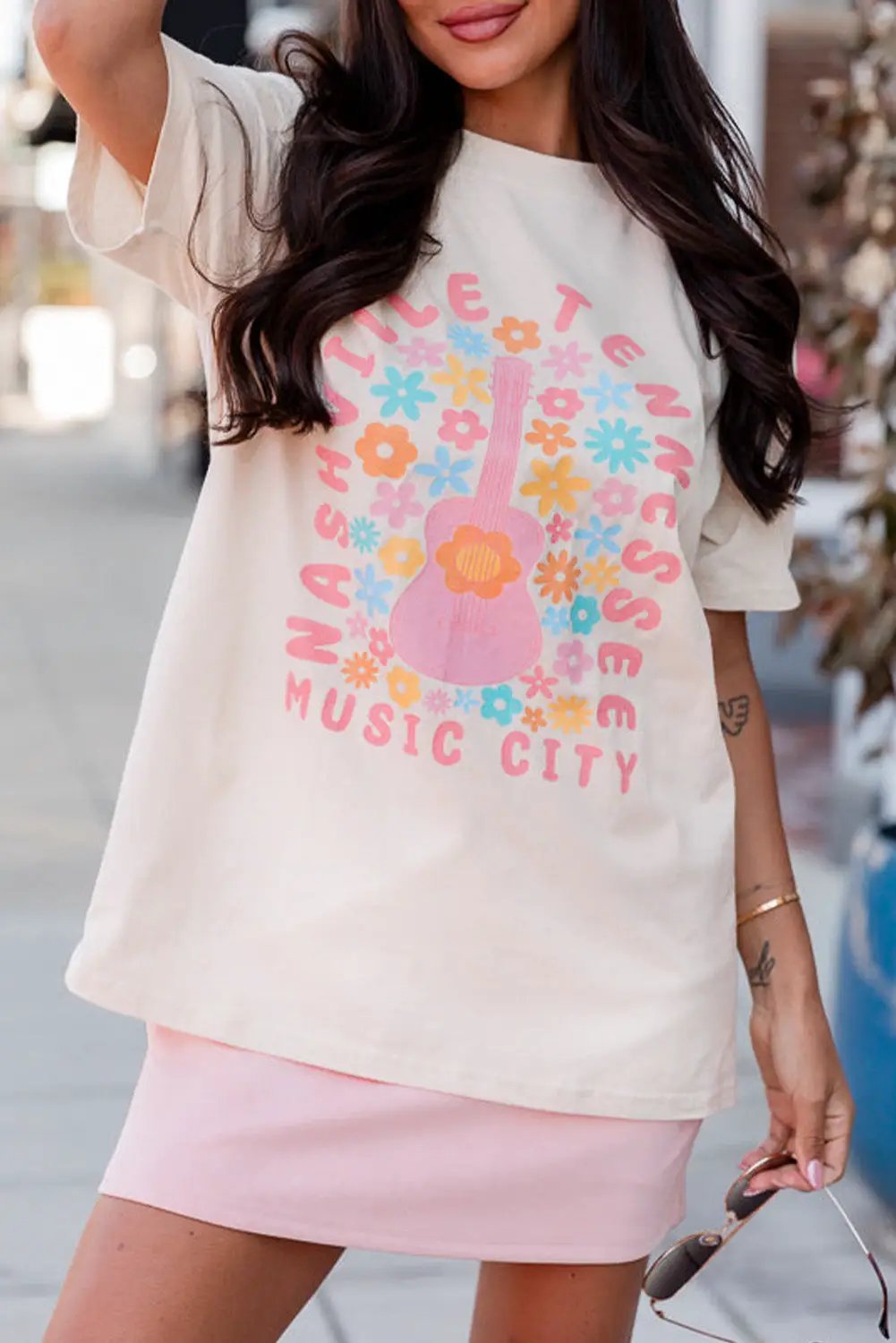 Grateful Threads Boutique White Floral Guitar NASHVILLE Graphic Tee - T-Shirts White Floral Guitar NASHVILLE Graphic Tee