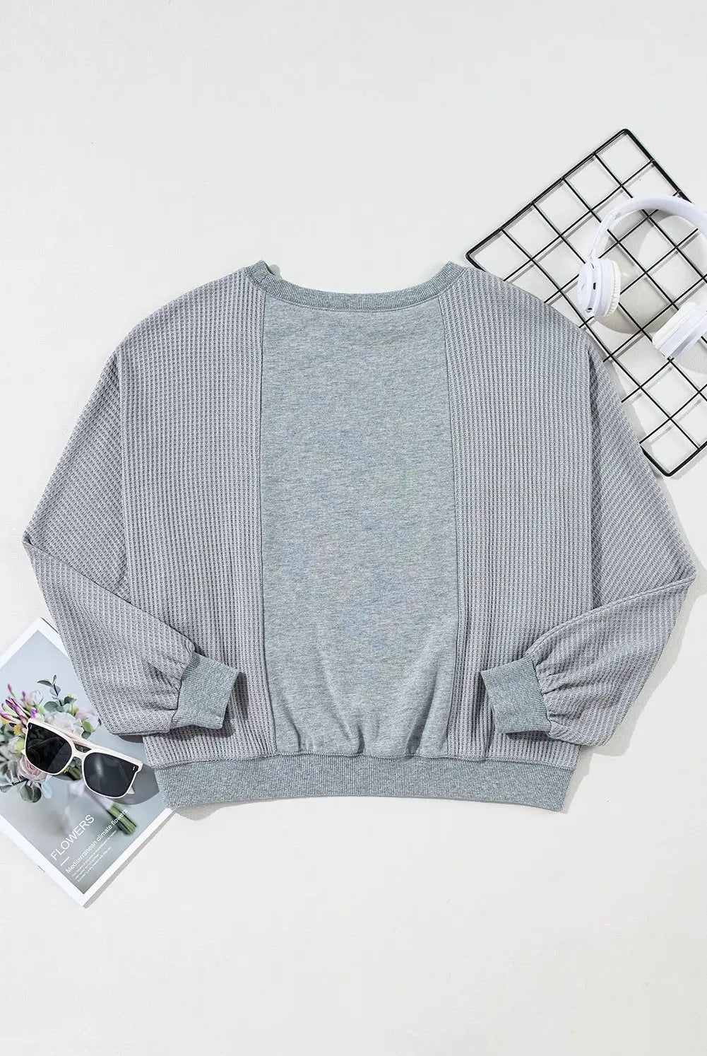 Grateful Threads Boutique Light Grey Waffle Patchwork Long Sleeve Raw Hem Pullover Top - Clothing Tops