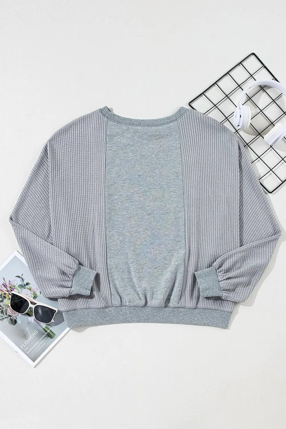 Grateful Threads Boutique Light Grey Waffle Patchwork Long Sleeve Raw Hem Pullover Top - Clothing Tops