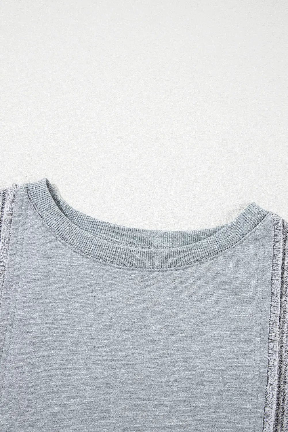 Grateful Threads Boutique Light Grey Waffle Patchwork Long Sleeve Raw Hem Pullover Top - Clothing Tops