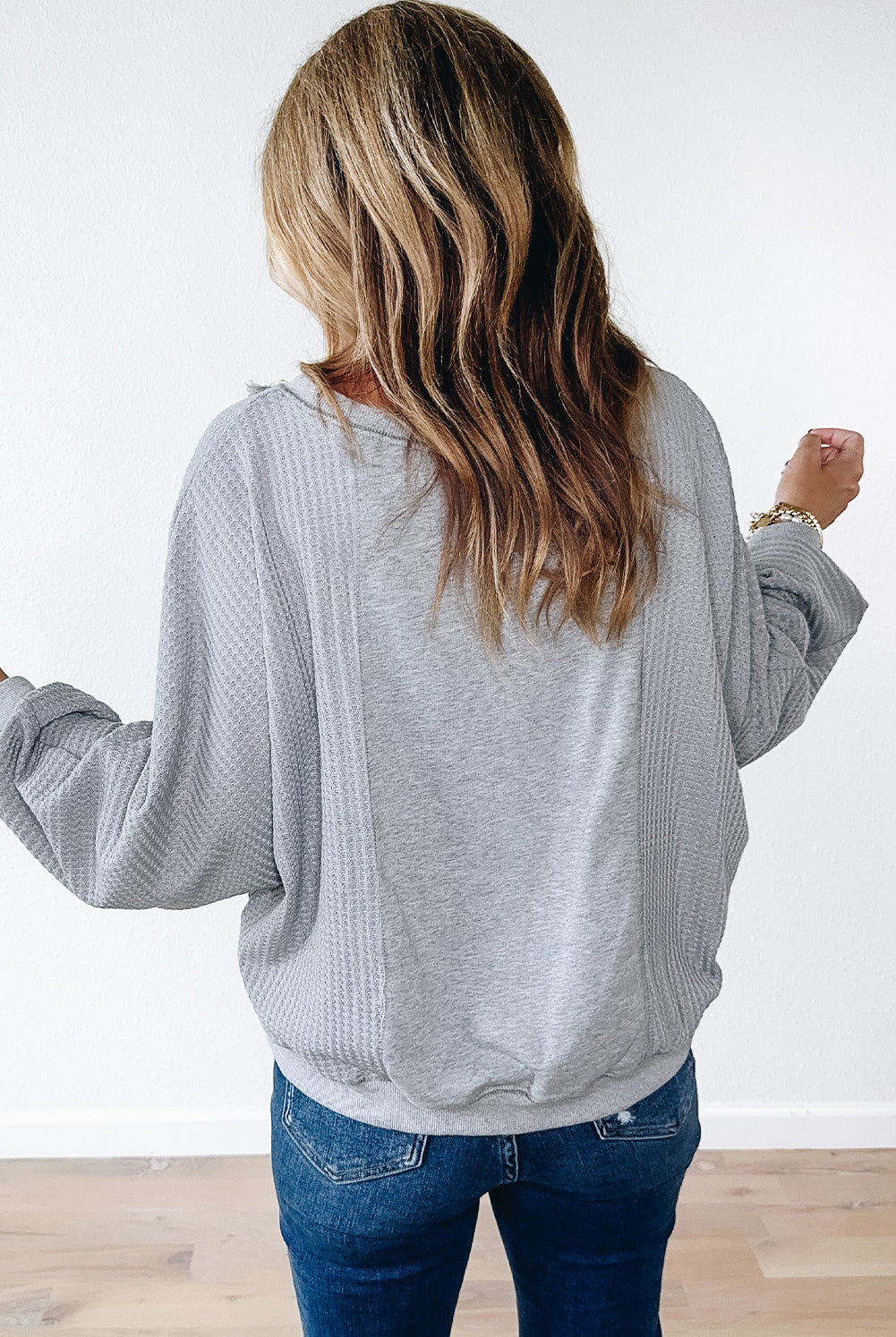 Grateful Threads Boutique Light Grey Waffle Patchwork Long Sleeve Raw Hem Pullover Top - Clothing Tops